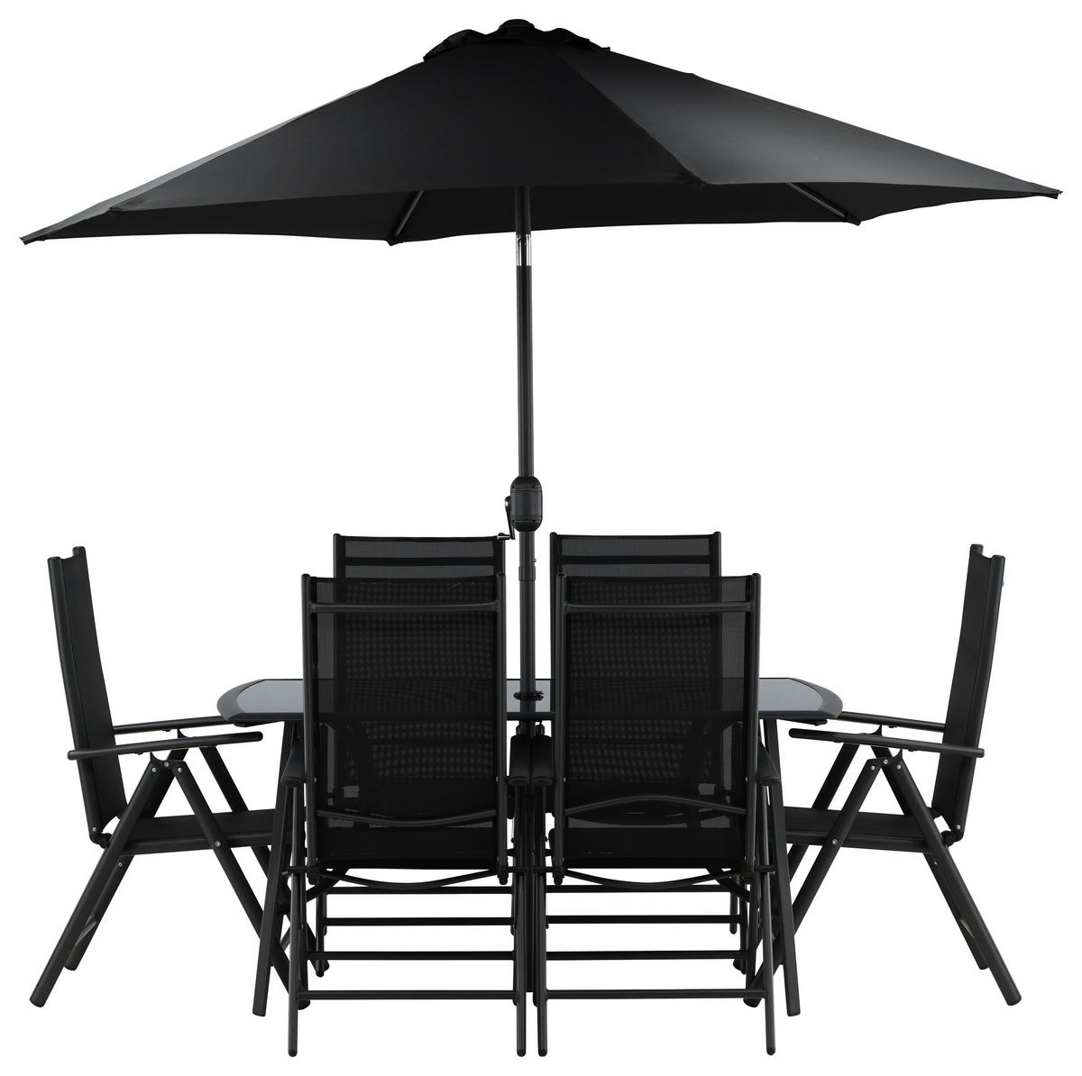 Gartentischgruppe 8-Tlg Brekki aus Aluminium mit Schirm - Schwarz, KONVENTIONELL, Glas/Metall - Gardenson