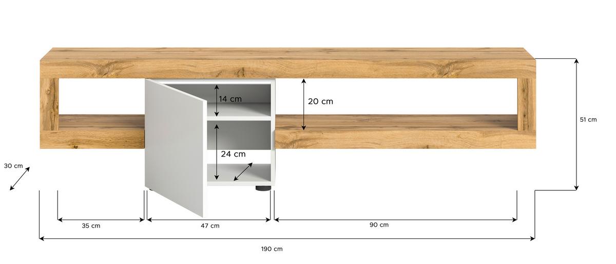 Lowboard Samba Weiß, Eiche Dekor B: 190 Cm - Eichefarben/Schwarz, Design, Holzwerkstoff (190/51/30cm) - MID.YOU
