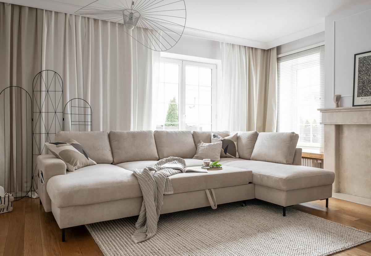 Sedačka LEONIE U, pravá, béžový menčester - čierna/béžová, Design, kov/drevo (148/303/197cm)