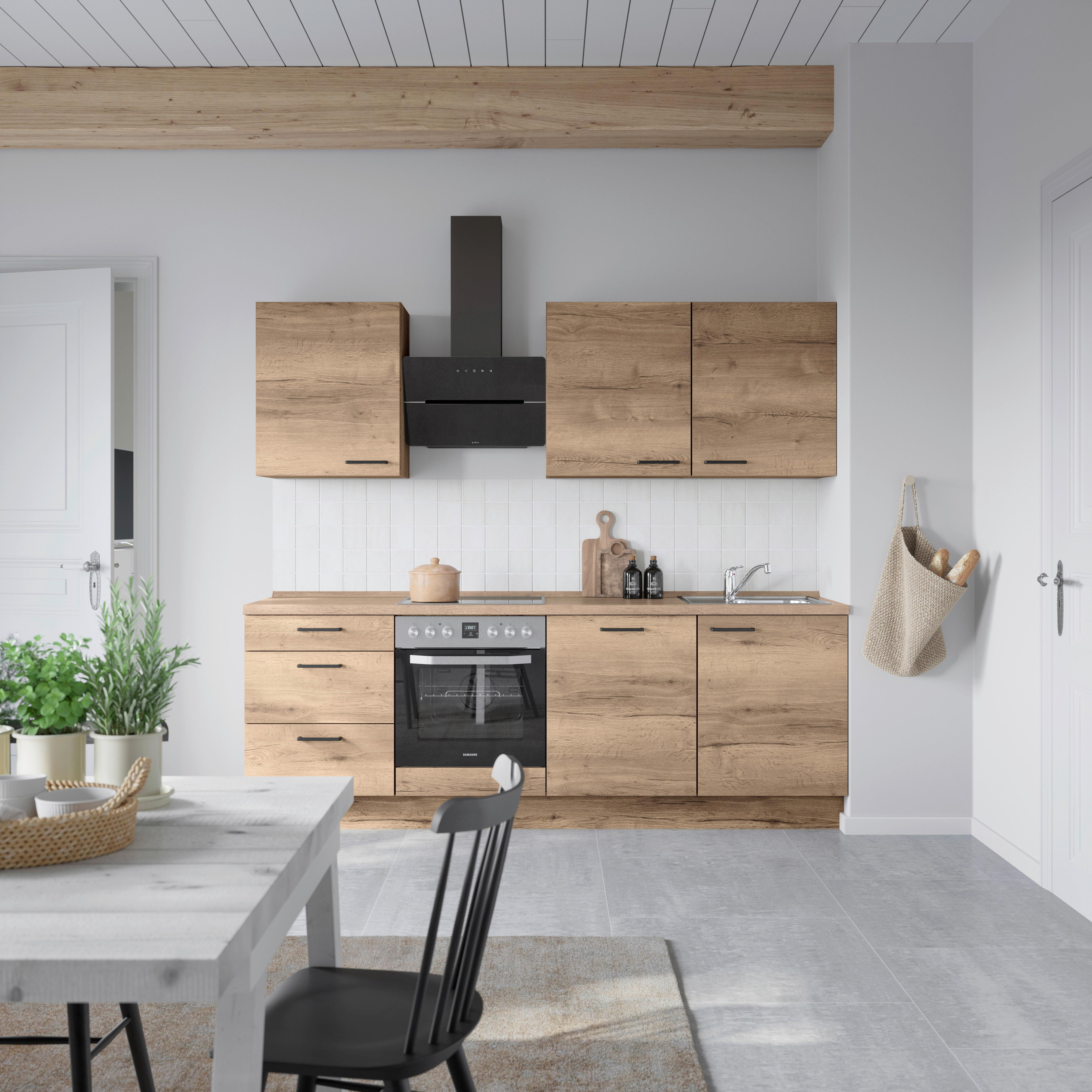 Kuchyňská linka 240 cm, dekor dub Havanna - černá/tmavý dub, Moderní, kov/kompozitní dřevo (240cm) - Nobilia