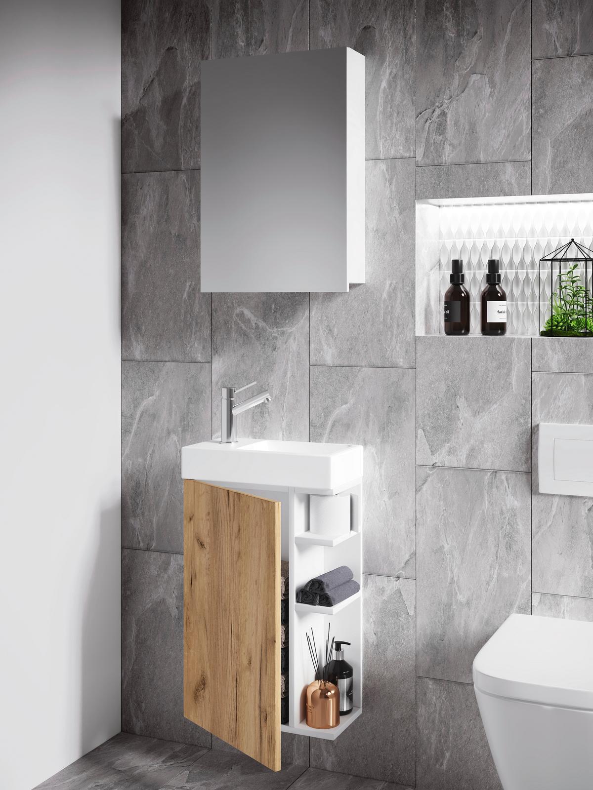 Gästebad Lumia - Honigeiche/Weiß, MODERN, Glas/Keramik (40cm) - MID.YOU