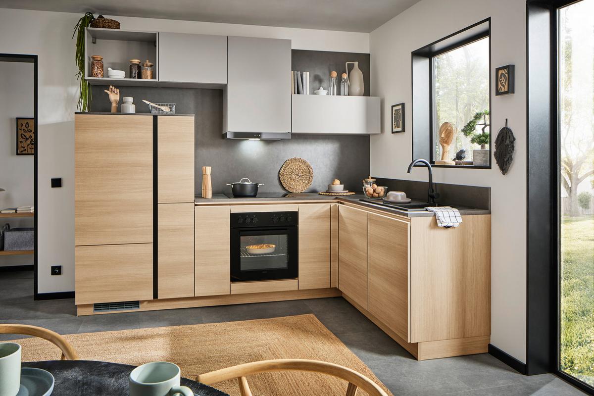 Eckküche Ip2200/ip3150 - Eichefarben/Hellgrau, Design, Holzwerkstoff (278/185cm) - Impuls