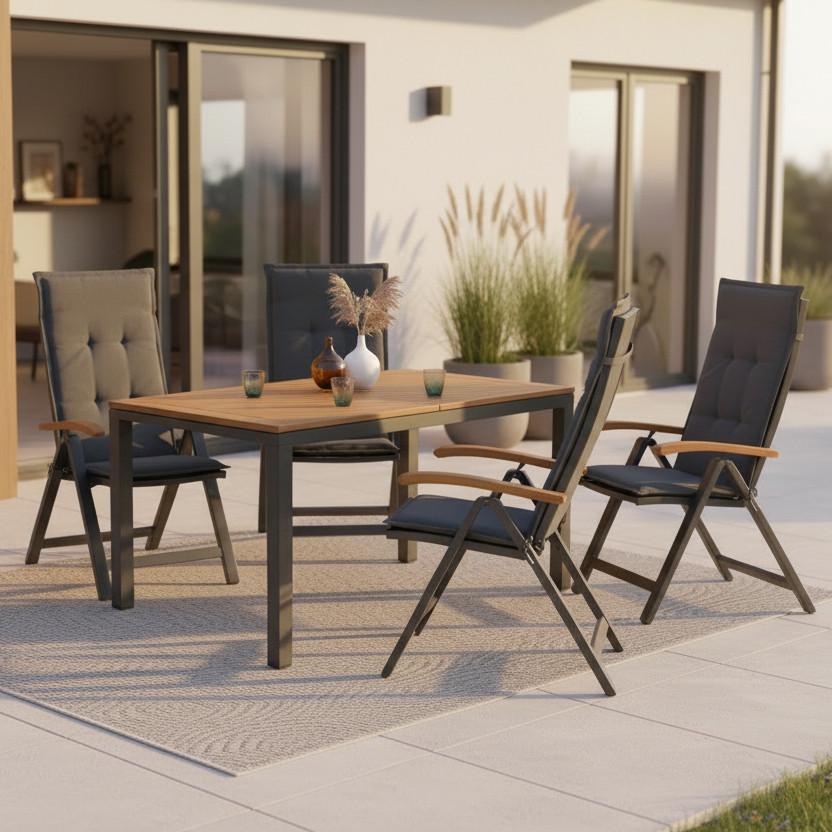 Gartengarnitur 9-tlg. Tilos Aus Echtholz - Schwarz/Grau, KONVENTIONELL, Holz/Textil - Gardenson