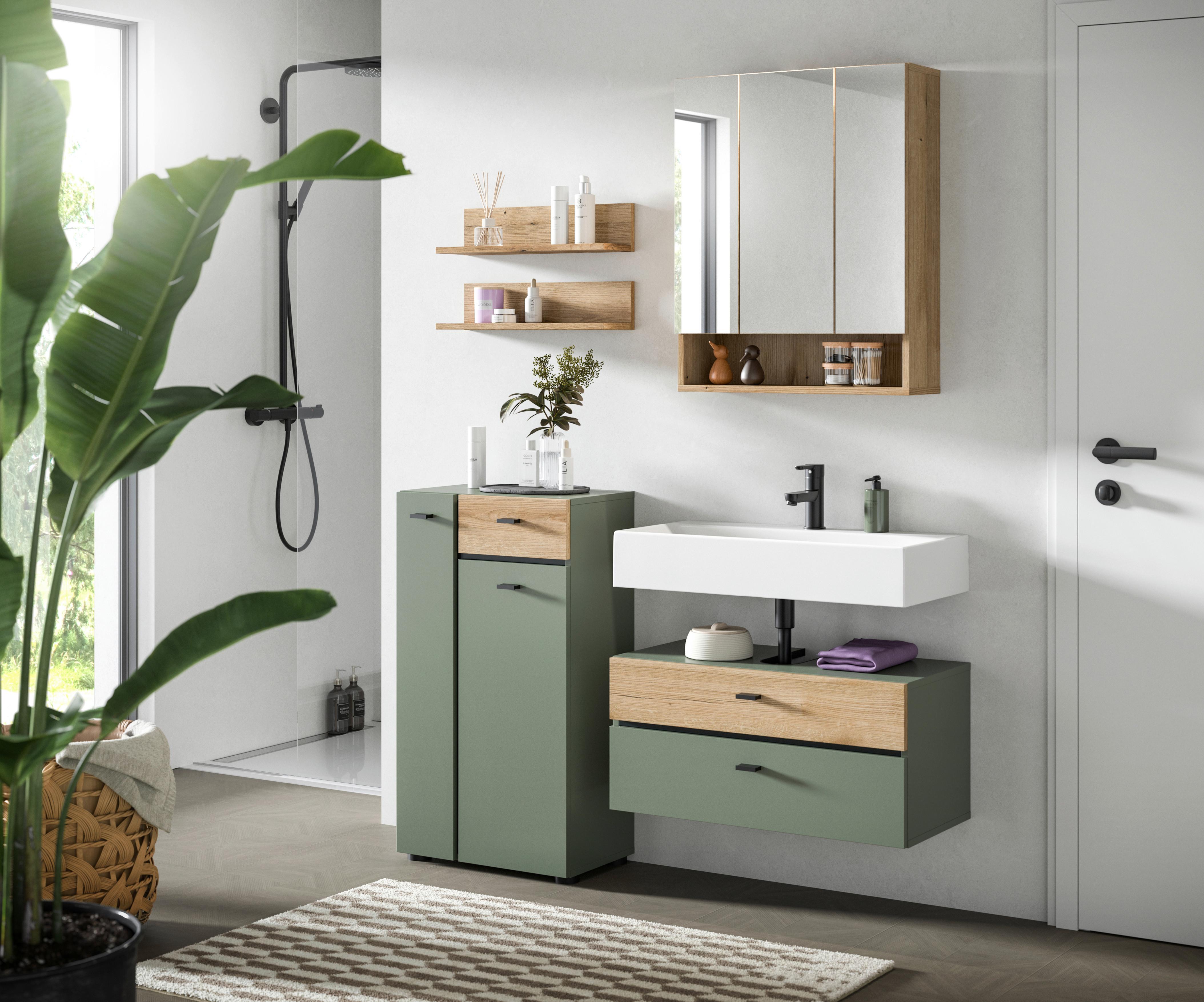 Badezimmer Aqua Grün/Eichefarben B: 126cm - Eichefarben/Schwarz, Trend, Glas/Holzwerkstoff (126cm) - MID.YOU