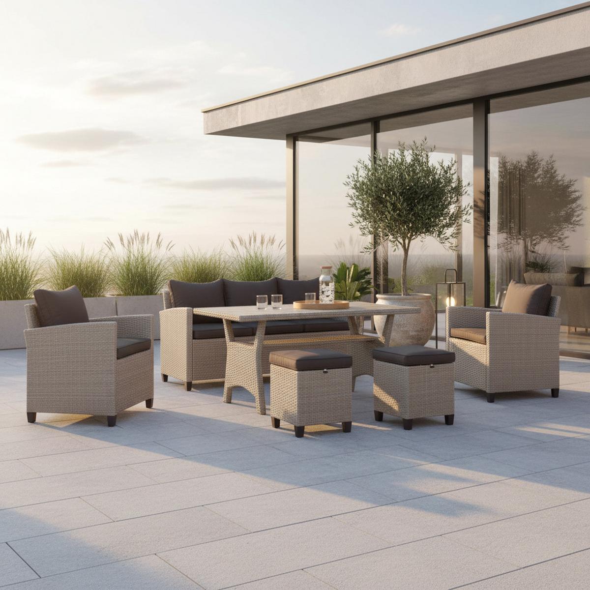 Loungegarnitur 16-tlg. Striano Inkl. Kissen - Dunkelbraun/Naturfarben, KONVENTIONELL, Kunststoff/Textil (172/75/65cm) - Gardenson