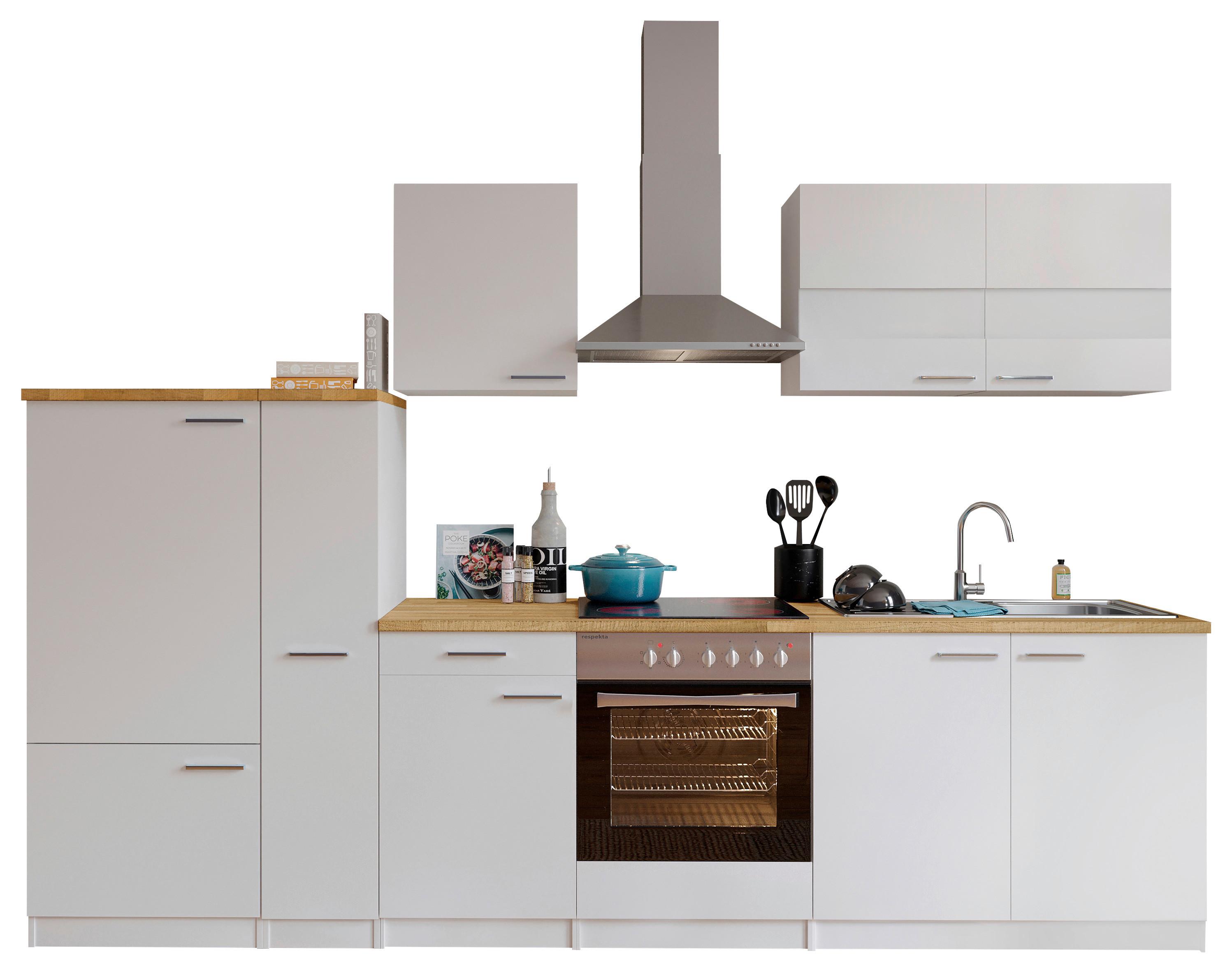 Küchenzeile ohne Geräte B: 300 cm Weiß/Nussbaum Dekor, Modern - Nussbaumfarben/Weiß, Basics, Holzwerkstoff (300cm) - Respekta