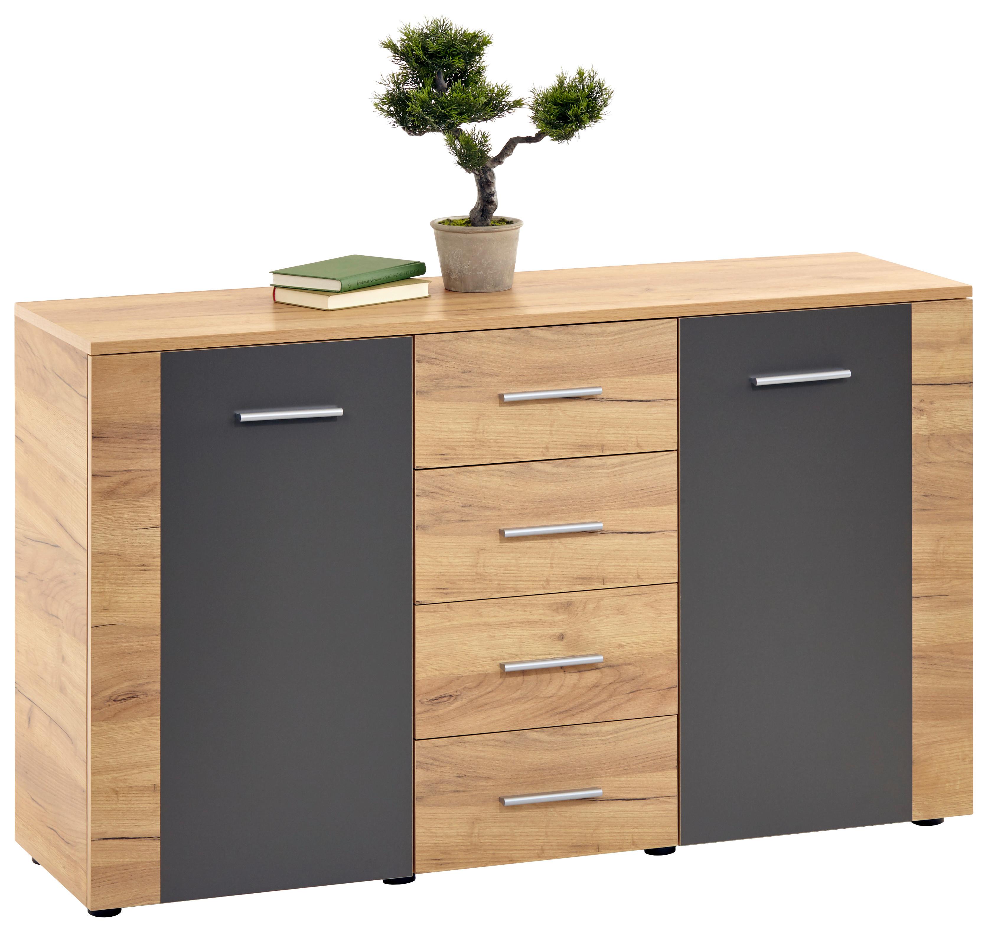 KOMODA UNO UNK02 - šedá/barvy dubu, Moderní, kompozitní dřevo (140/80/40cm)