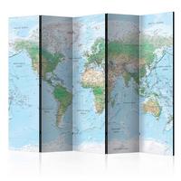 JEDNOSTRANNÝ PARAVÁN WORLD MAP - pastelová modrá/svetlozelená, Basics, drevo/textil (225/172/3cm) - artgeist
