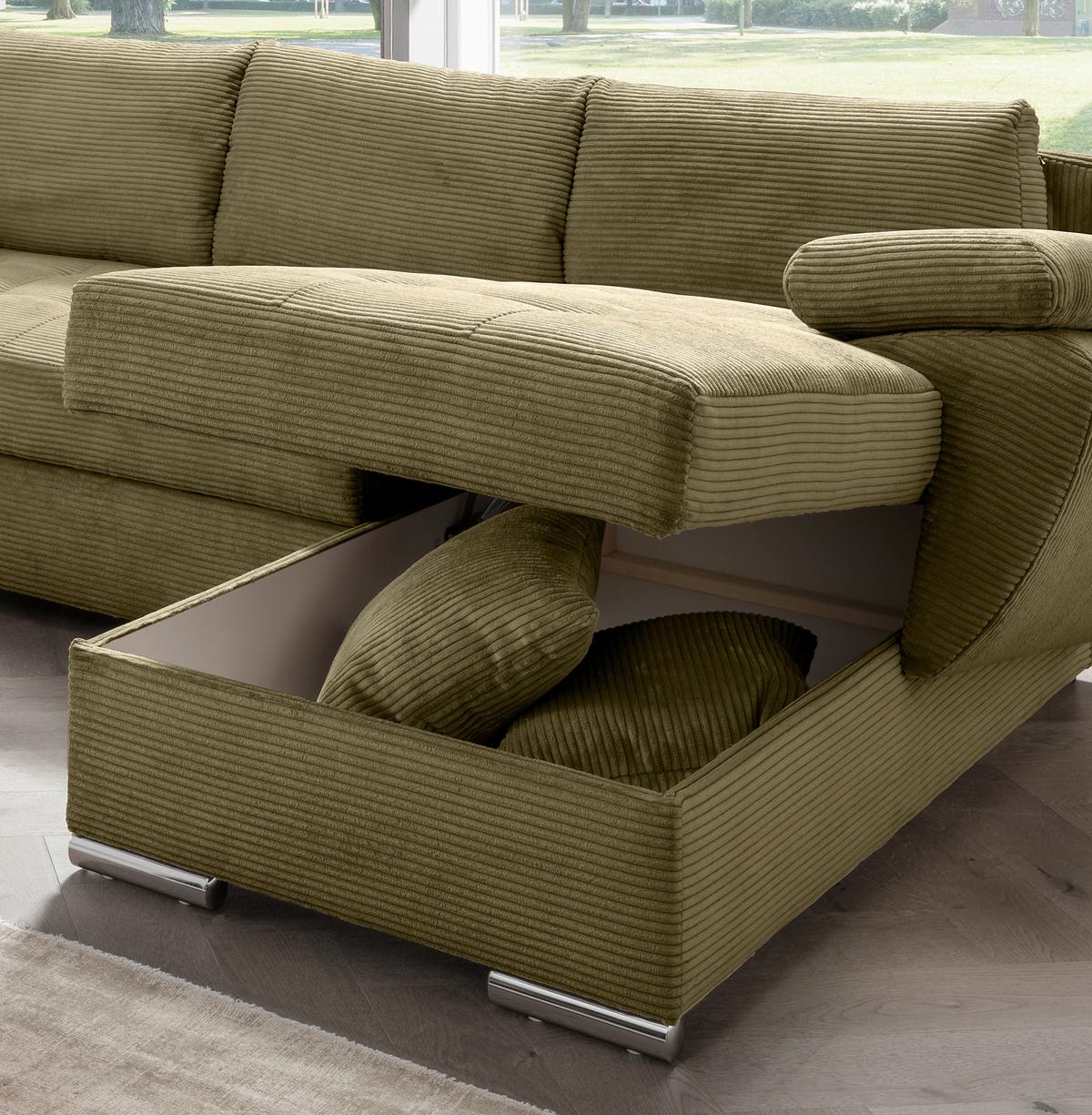 Wohnlandschaft Terana mit Schlaffunktion, Olivgrün - Chromfarben/Olivgrün, KONVENTIONELL, Textil (219/305/157cm) - Livetastic