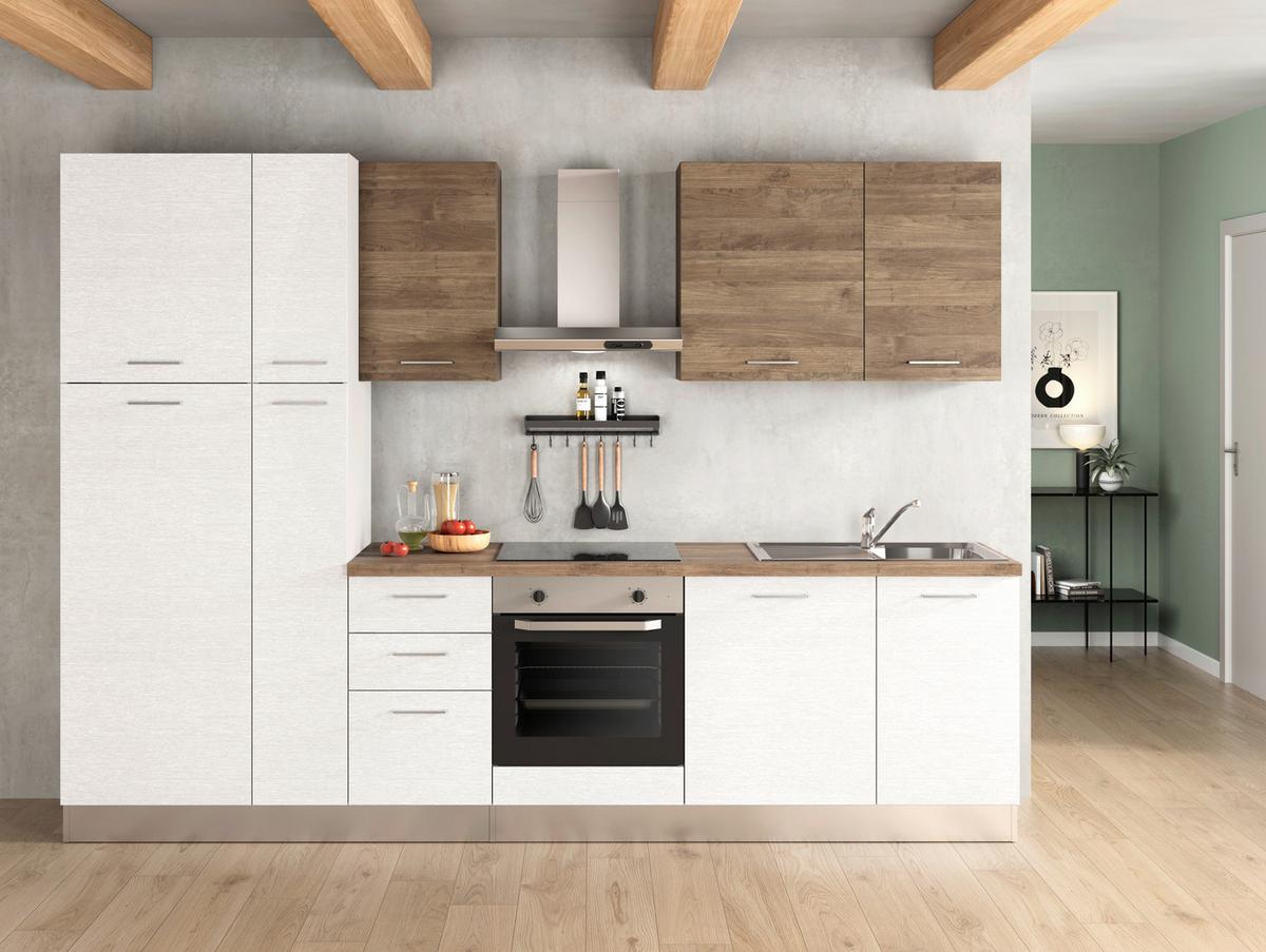 Küchenzeile Dafne mit Geräten 300 cm Weiß/Walnussfarben - Walnussfarben/Alufarben, LIFESTYLE, Holzwerkstoff/Kunststoff (300cm) - MID.YOU
