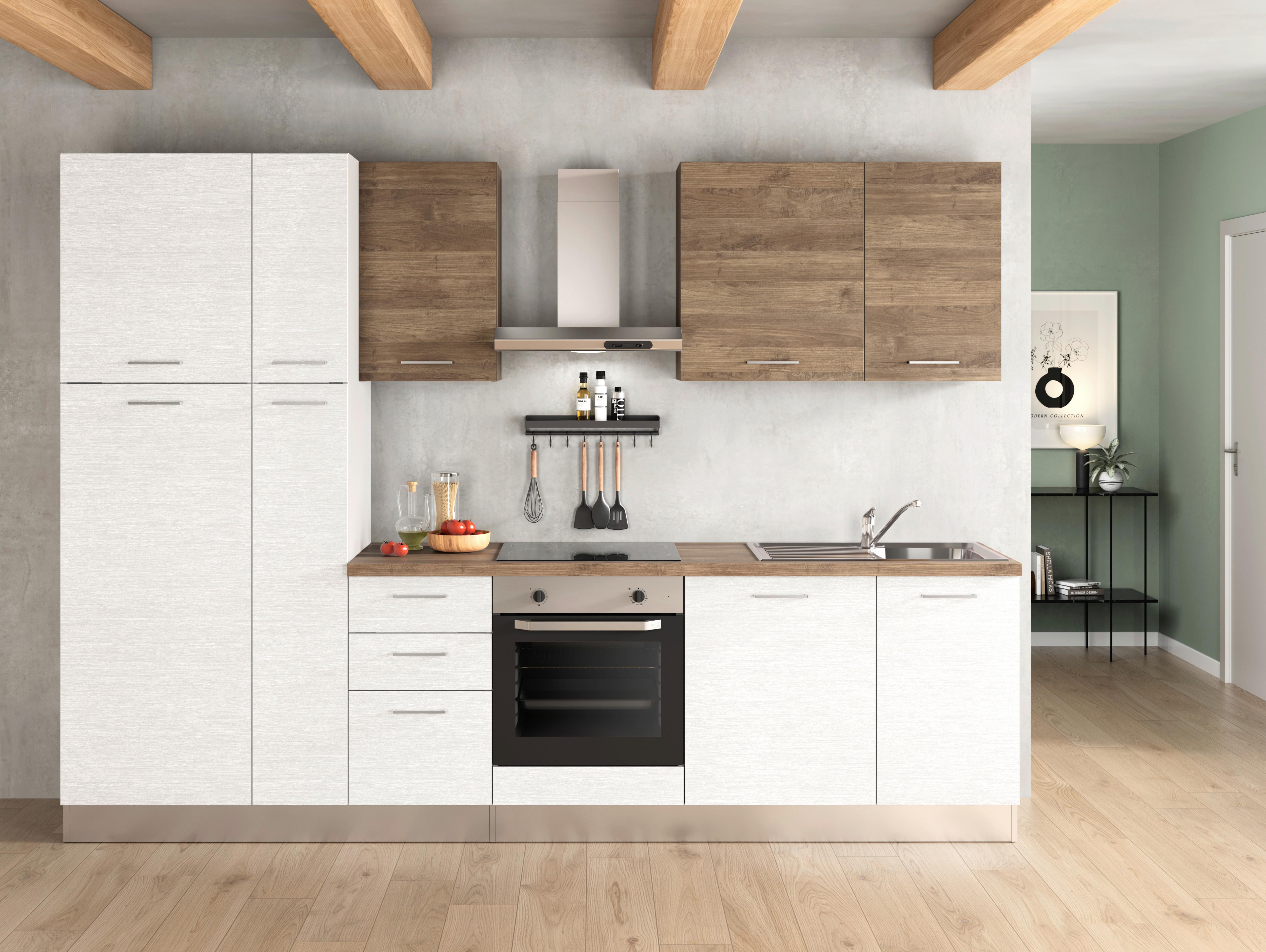 Küchenzeile Dafne mit Geräten 300 cm Weiß/Walnussfarben