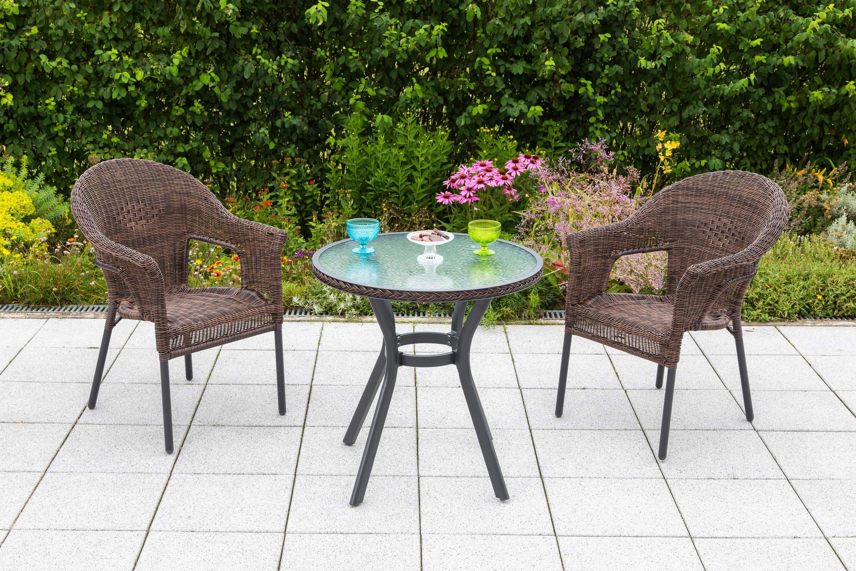 Gartentischgruppe Ravenna 3-tlg., Kunststoff+Sitzkissen - Dunkelbraun/Graphitfarben, KONVENTIONELL, Glas/Kunststoff - Gardenson
