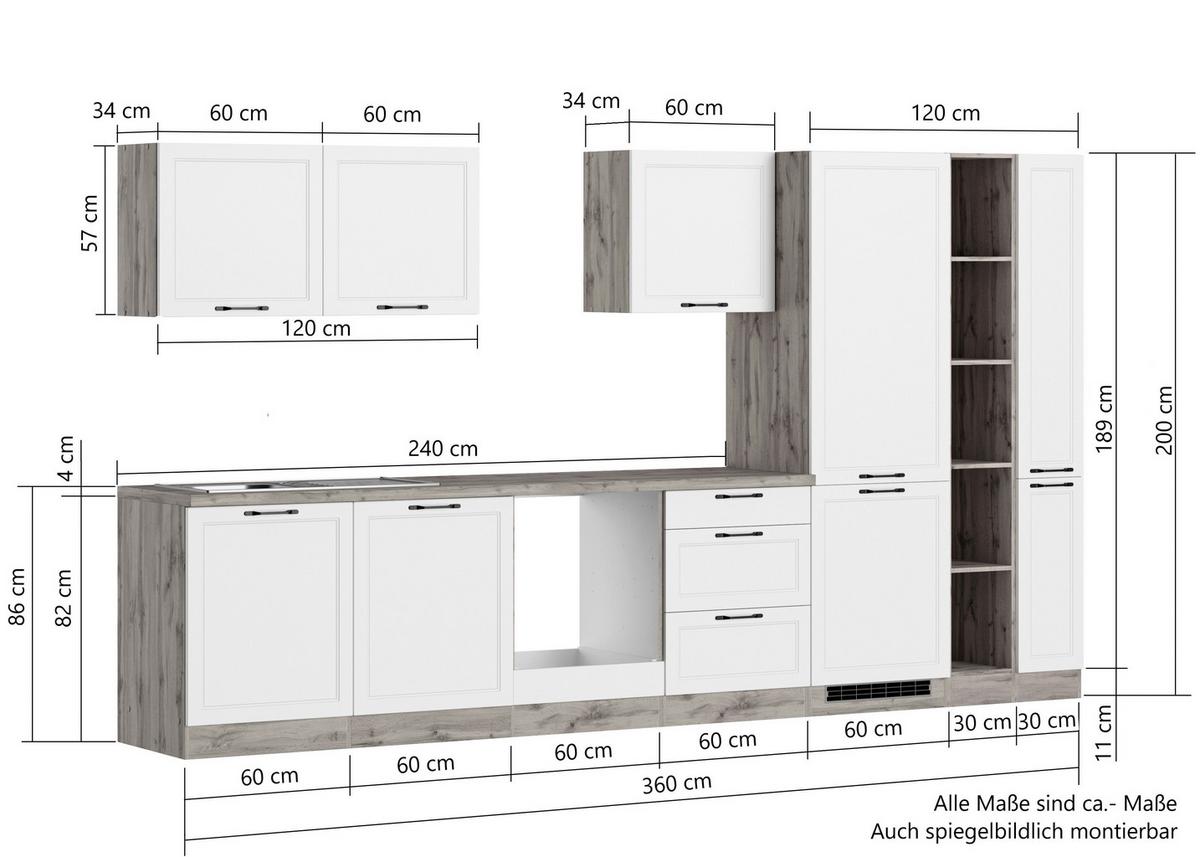 Küchenzeile Meran Ohne Geräte B: 360 Cm Grau/eiche Dekor - Eiche Wotan/Grau, LIFESTYLE, Holzwerkstoff (360cm) - Held