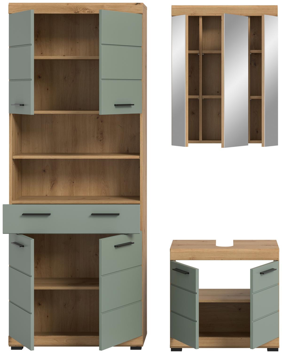 Badezimmer Scout Salbeigrün/Eiche D. B: 134 cm - Schwarz, MODERN, Holzwerkstoff (134cm) - MID.YOU