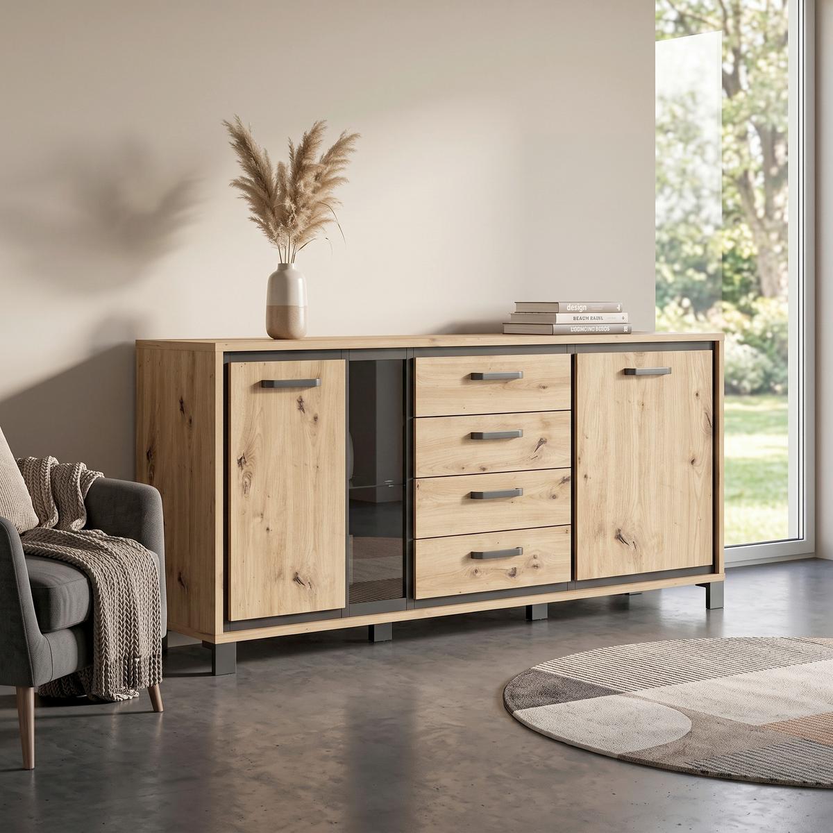 Sideboard mit Glaselement B: 177,4cm Trondheim, Eiche Dekor - Eichefarben/Schwarz, Basics, Glas/Holzwerkstoff (177,4/81,3/41,5cm) - Livetastic