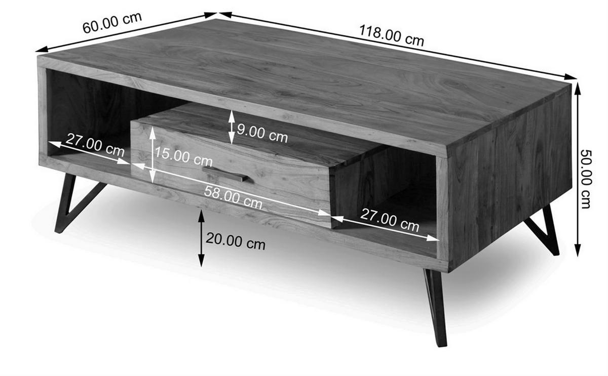 Couchtisch Indira Akazie Massiv, B: 118 Cm - Schwarz/Akaziefarben, ROMANTIK / LANDHAUS, Holz/Metall (118/45/60cm)