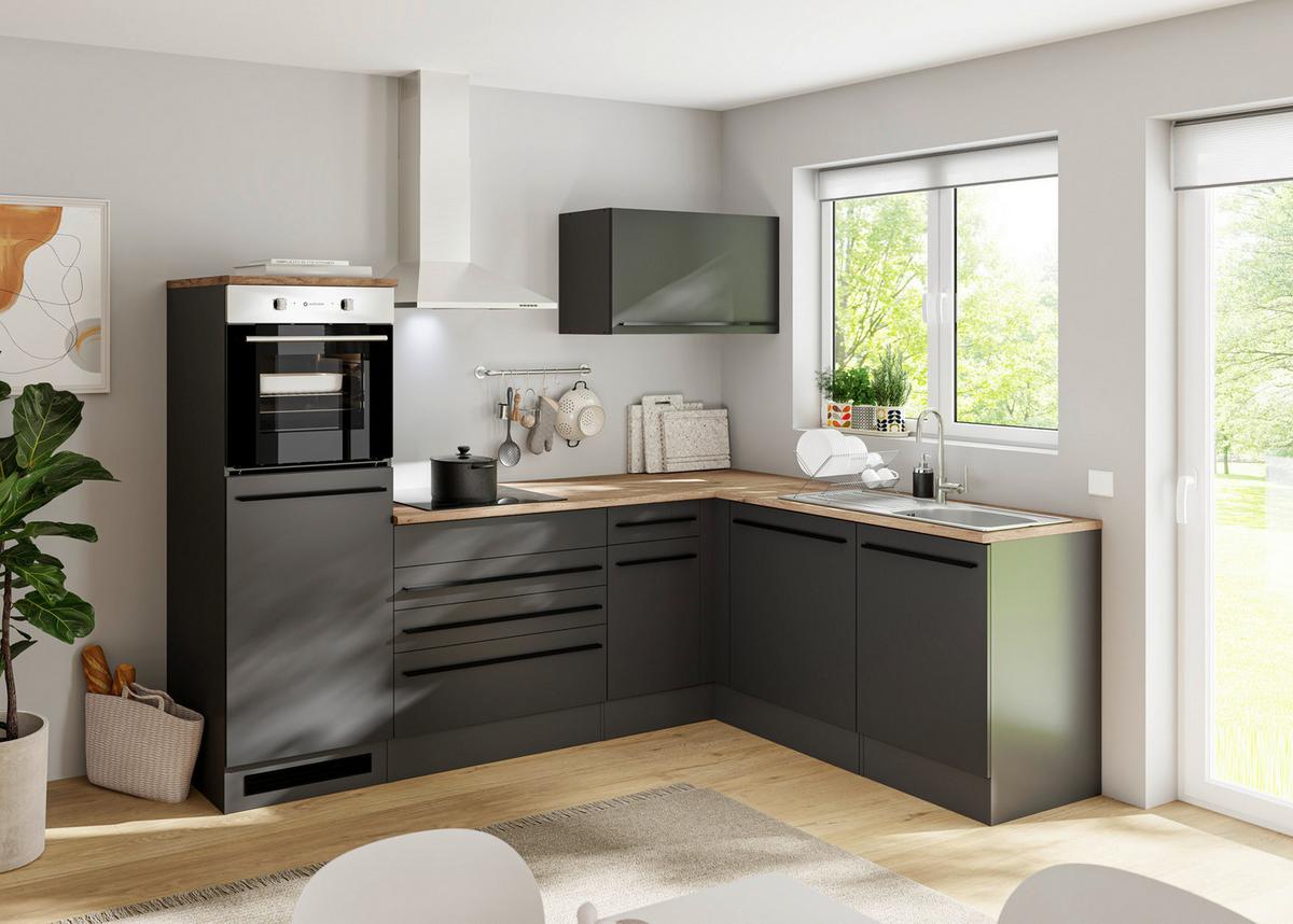 Kuchynský blok JAZZ 6 bez spotrebičov, šírka 260cm - čierna/farba duba, Modern, kompozitné drevo (260/200/60cm) - Modern Living