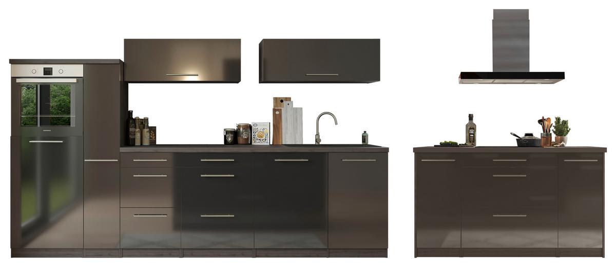 Küchenzeile Premium mit Geräte 310 cm Grau mit Kochinsel - Eichefarben/Schwarz, Basics, Holzwerkstoff (310/160cm) - Respekta