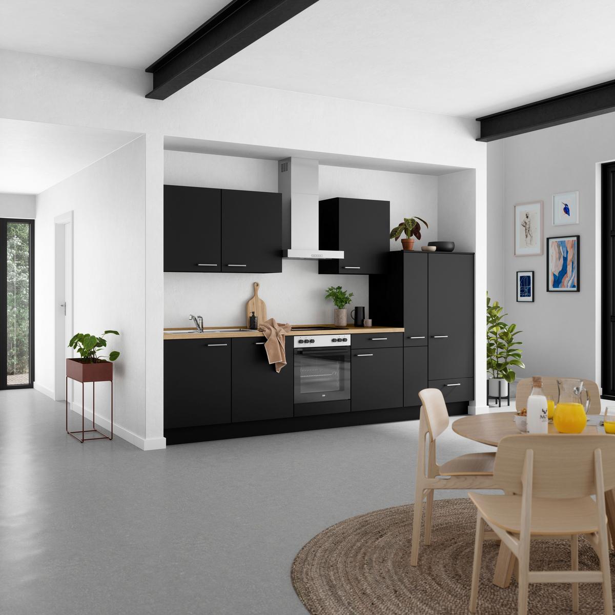 Kuchyňská linka 330 cm, černá matná - černá/barvy dubu, Moderní, kov/kompozitní dřevo (330cm) - Nobilia