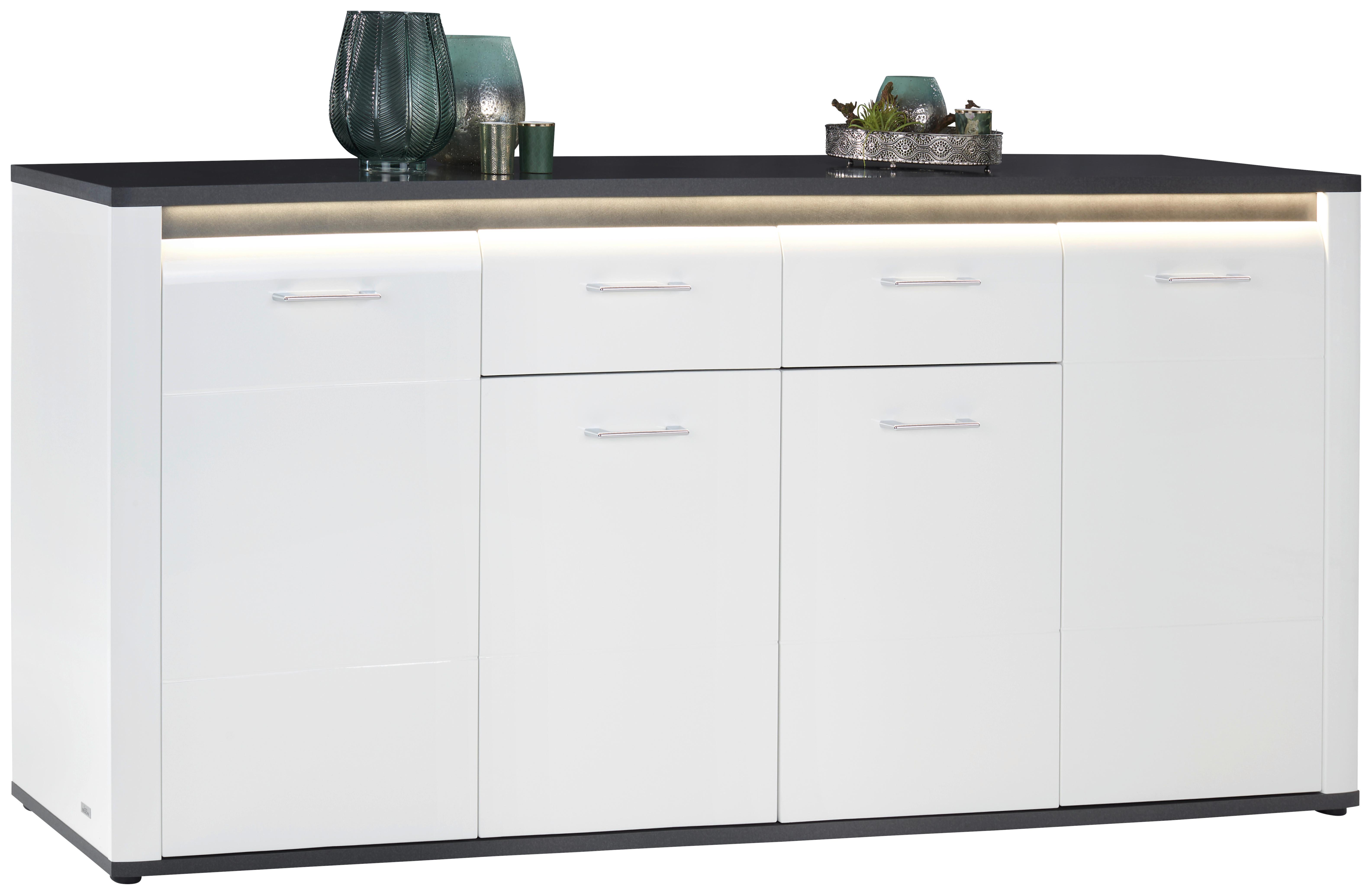 Sideboard mit LED-Beleuchtung B 203,6cm Alassio, Weiß/Matera - Schwarz/Graphitfarben, MODERN, Holzwerkstoff (203,6/86,2/40,5cm) - Luca Bessoni