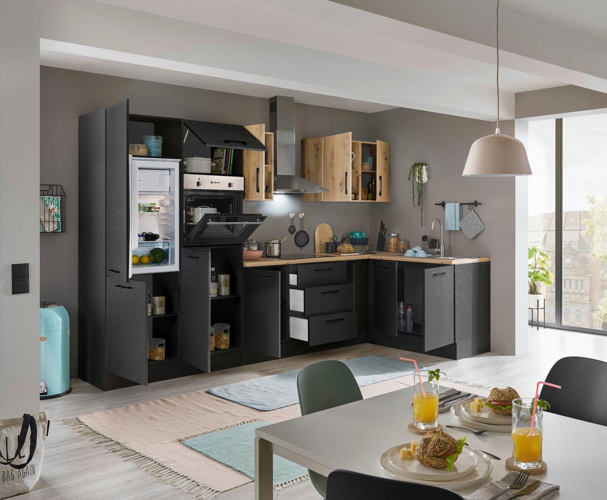 Eckküche Turin Schwarz/Eiche Dekor 330x165 cm - Schwarz/Eiche Artisan, Basics, Holzwerkstoff (330/165cm) - MID.YOU