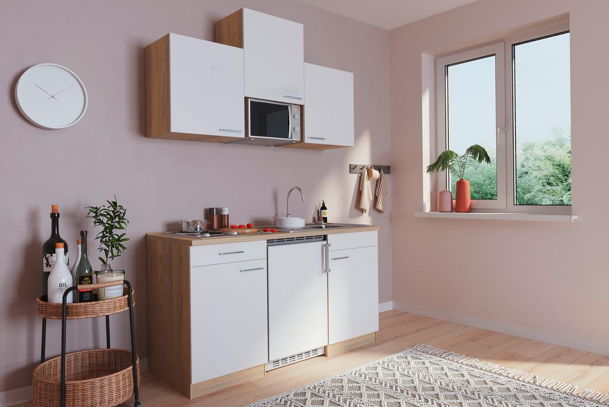Miniküche M. Mikrowelle + Kühlschrank 150 Cm Weiß/eiche - Eichefarben/Weiß, Basics, Holzwerkstoff (150cm) - Respekta