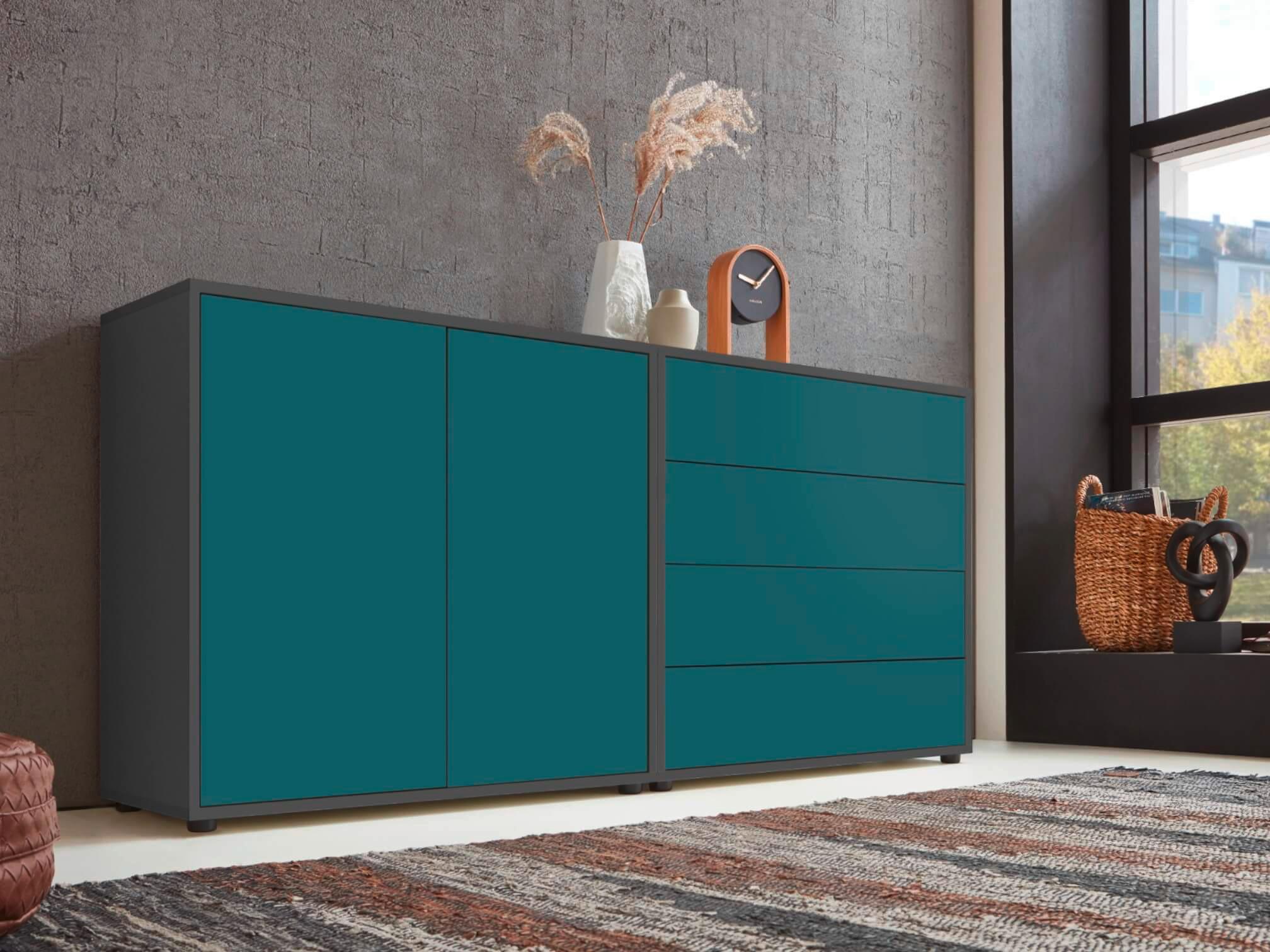 Sideboard Mailand 3 B: 158 cm Petrol - Anthrazit/Petrol, MODERN, Holzwerkstoff (158/73/33cm) - MID.YOU