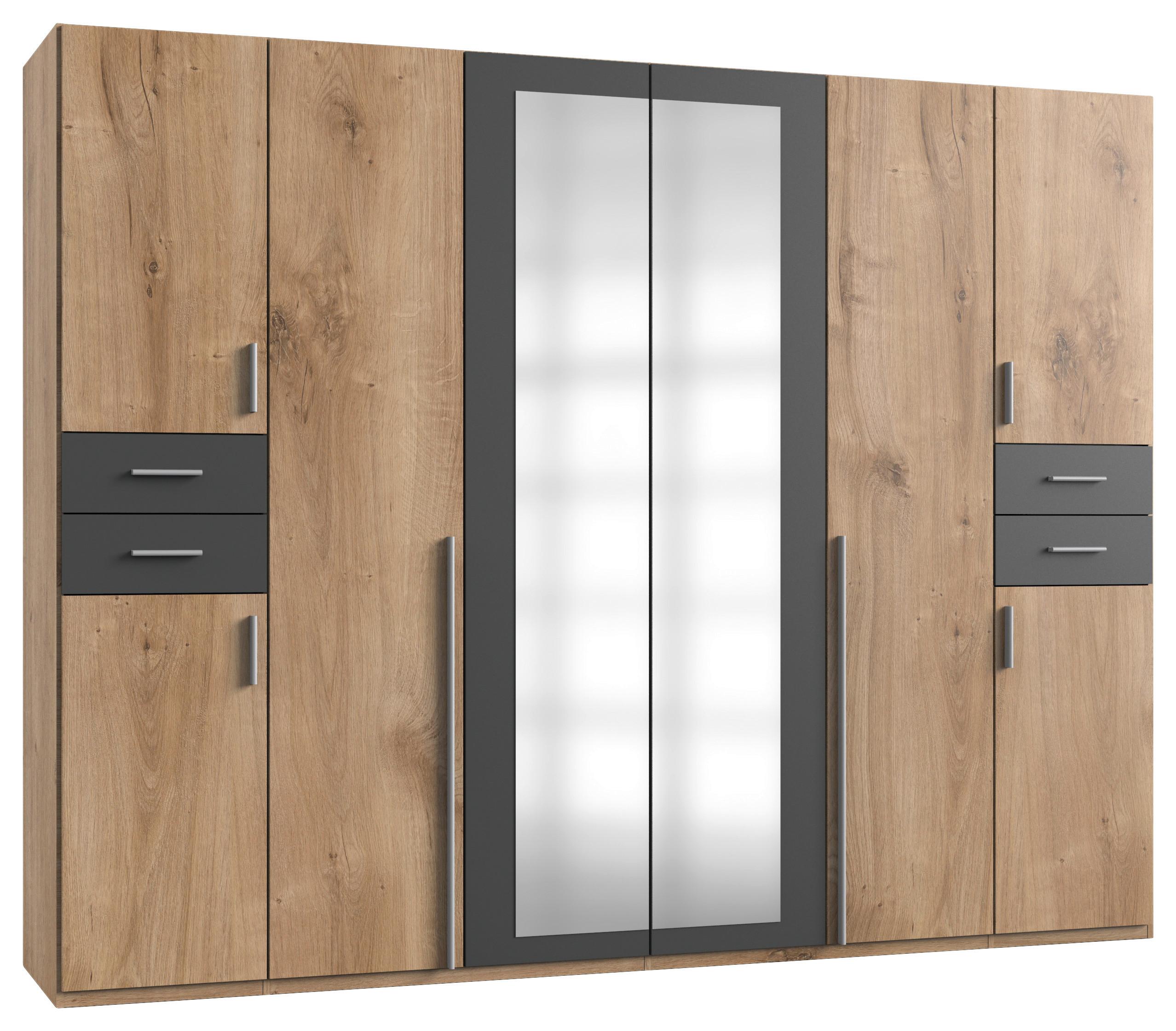 Drehtürenschrank Mit Spiegel 270cm Vegas, Eiche Dekor - Eichefarben/Graphitfarben, Basics, Holzwerkstoff (270/208/58cm) - MID.YOU