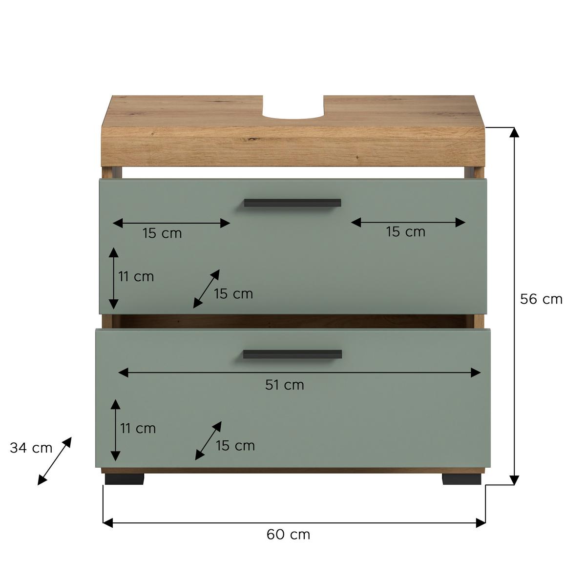 Waschbeckenunterschrank Scout Salbeigrün Eiche Artisan Dekor - Salbeigrün/Schwarz, MODERN, Holzwerkstoff (60/56/37cm) - MID.YOU
