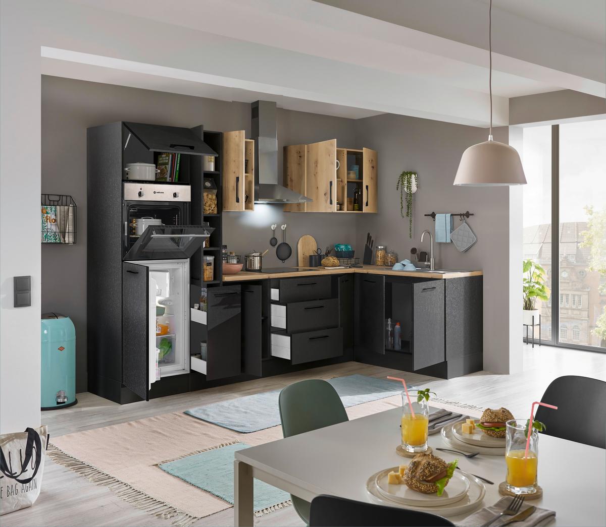 Eckküche Turin Schwarz/Eiche Dekor 300x165 cm - Schwarz/Eiche Artisan, Basics, Holzwerkstoff (300/165cm) - MID.YOU