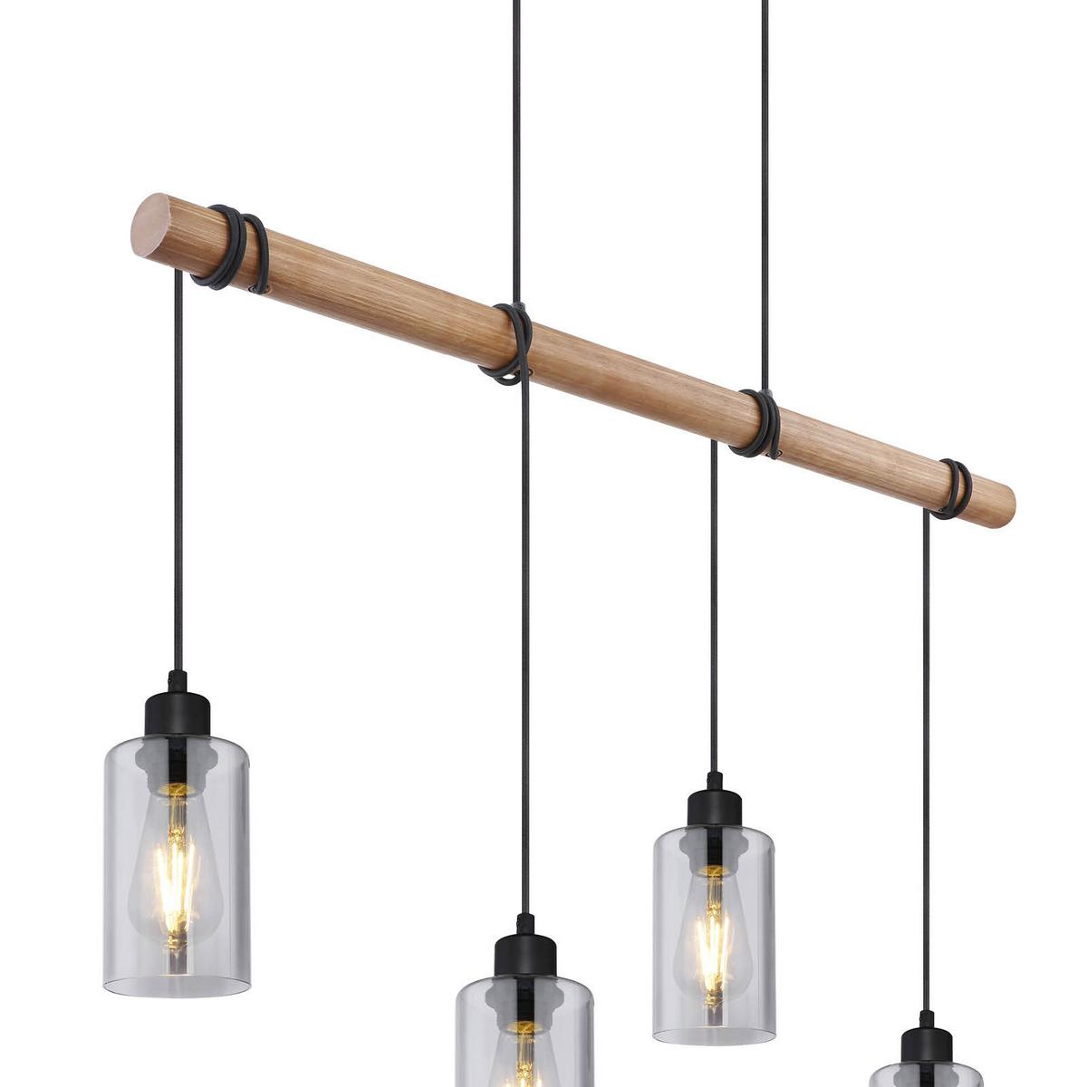 Hängeleuchte Hadera H: 130 cm 4-Flammig, Rauchglas - Schwarz/Braun, Natur, Glas/Holz (98/15/130cm) - Globo