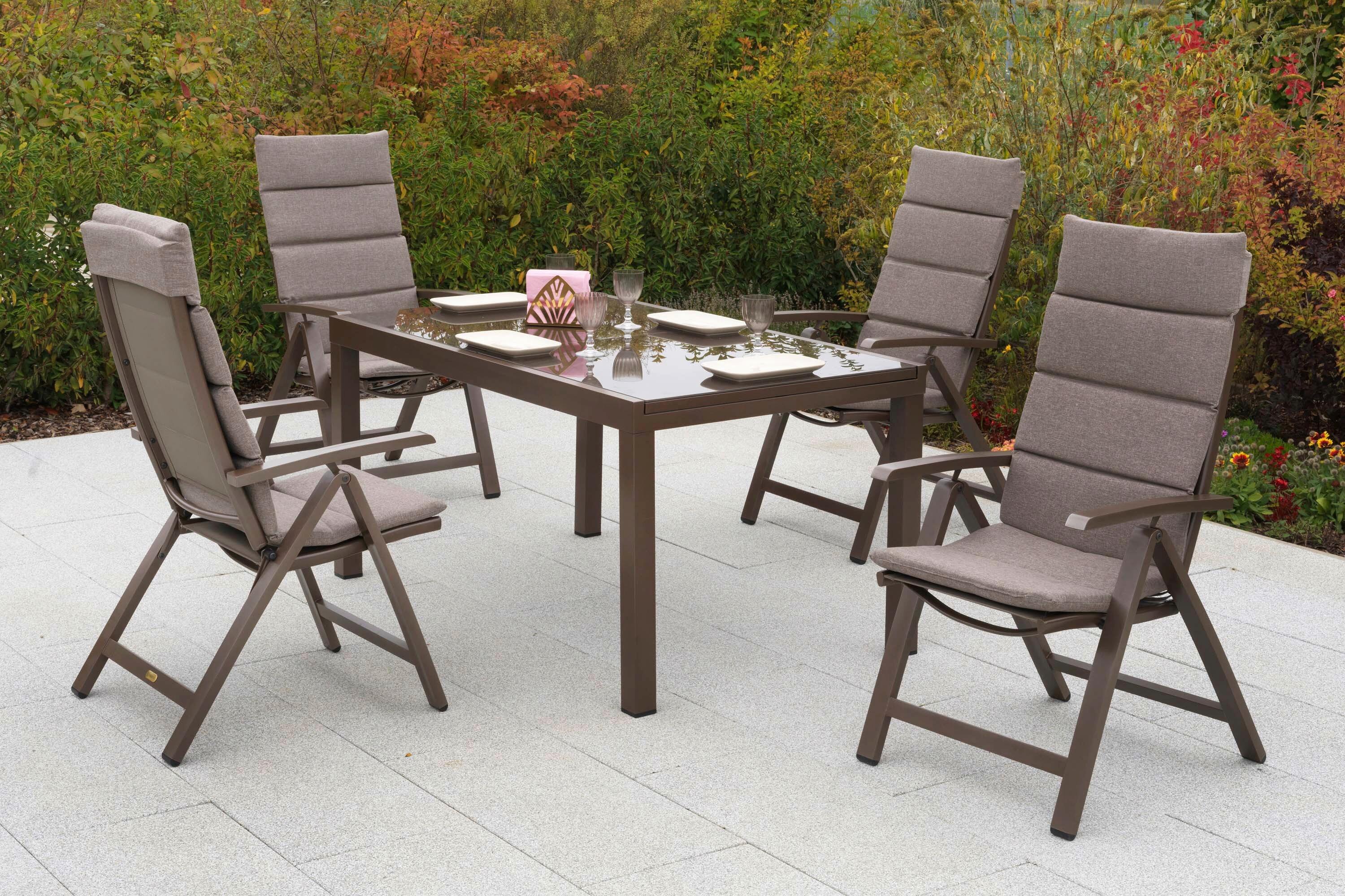 Gartentischgruppe Tinetto 5-Tlg. Aus Aluminium +auflagen - Taupe/Braun, KONVENTIONELL, Glas/Textil - Gardenson