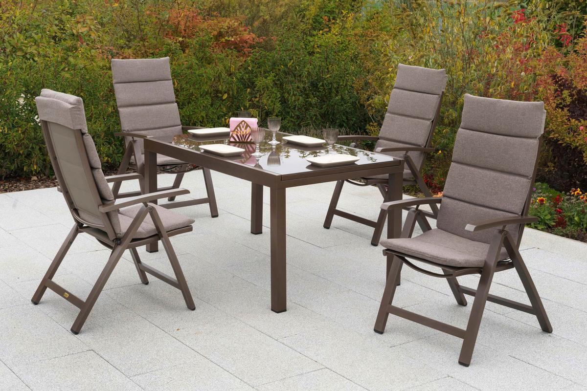 Gartentischgruppe Tinetto 5-Tlg. Aus Aluminium +auflagen - Taupe/Braun, KONVENTIONELL, Glas/Textil - Gardenson