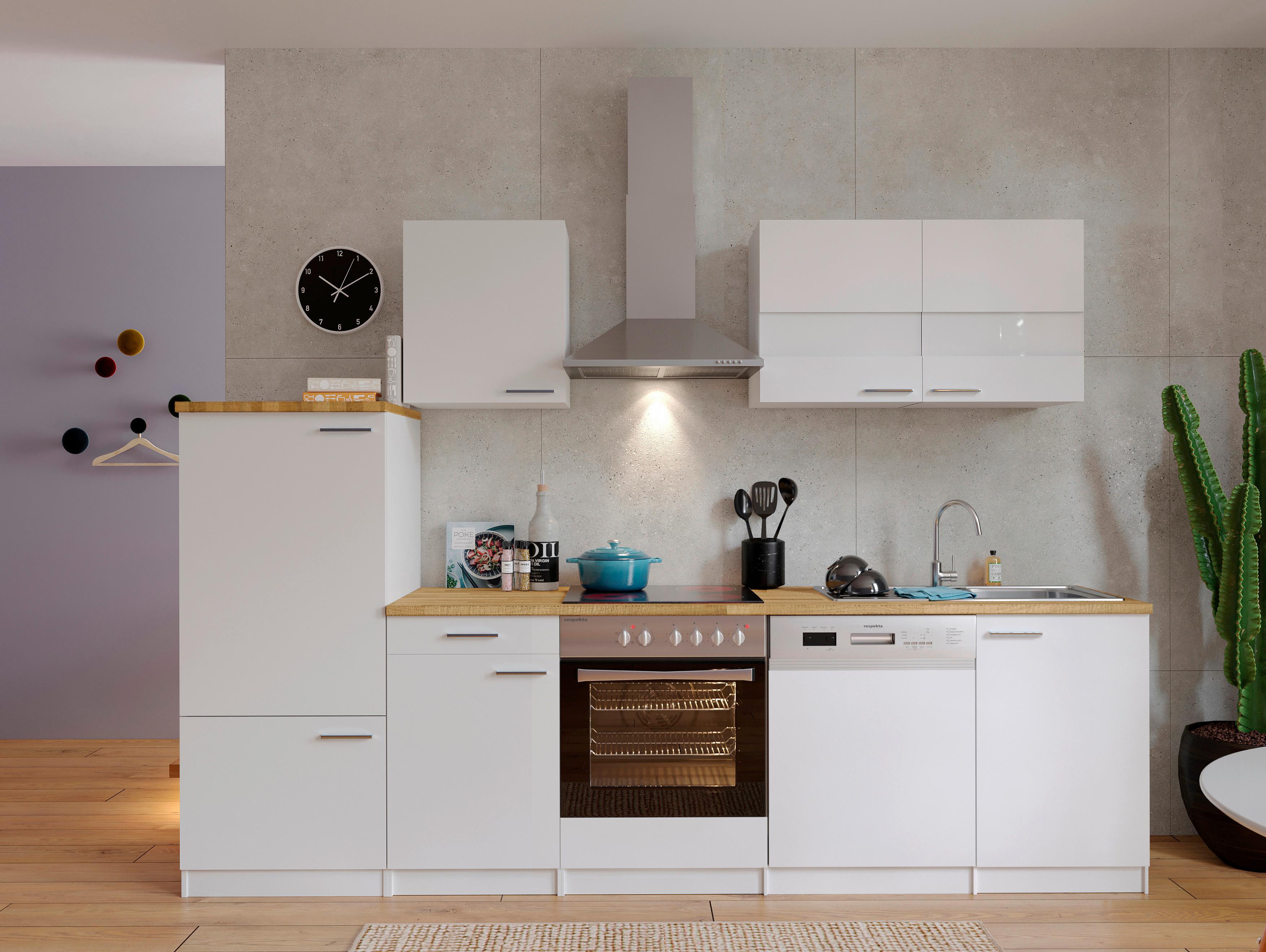 Küchenzeile ohne Geräte B: 280 cm Weiß/Nussbaum Dekor, Modern - Nussbaumfarben/Weiß, Basics, Holzwerkstoff (280/200/60cm) - Respekta