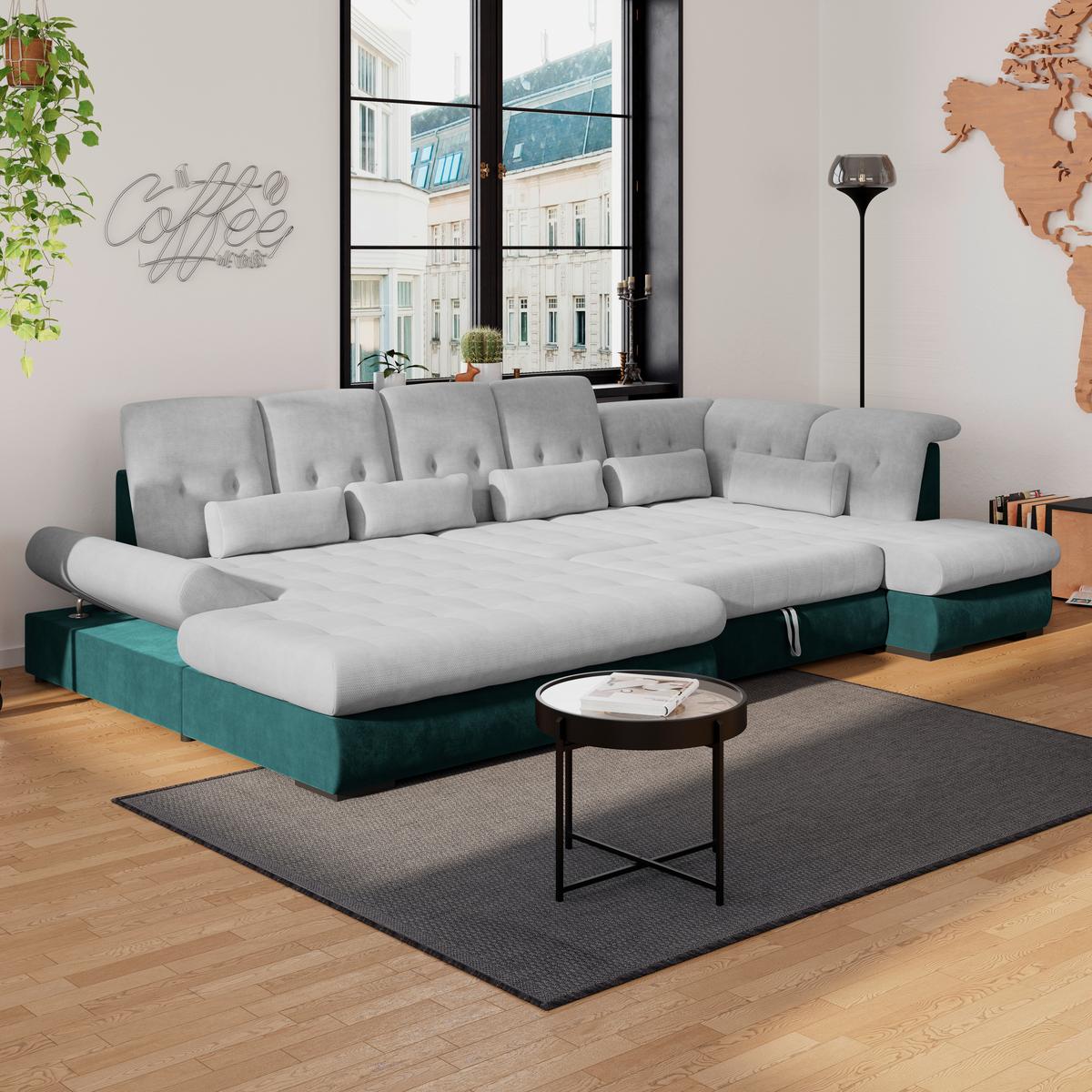 Wohnlandschaft Madera Silberfarben S: 358x212 cm - Türkis/Silberfarben, KONVENTIONELL, Kunststoff/Textil (190/358/212cm)