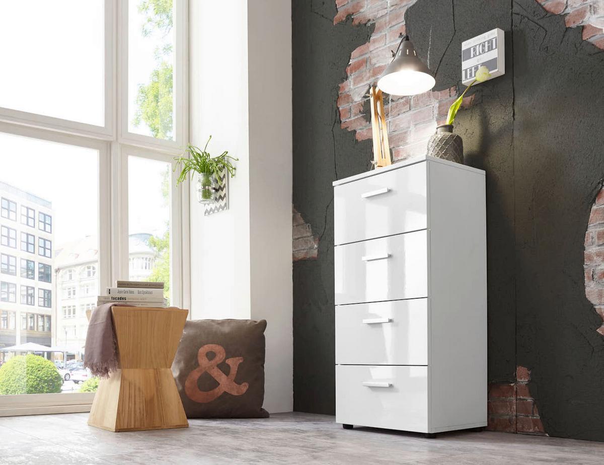 Kommode Marbella Weiß Hochglanz B: 44 cm - Weiß Hochglanz/Schwarz, MODERN, Holzwerkstoff (44/91/32cm) - MID.YOU