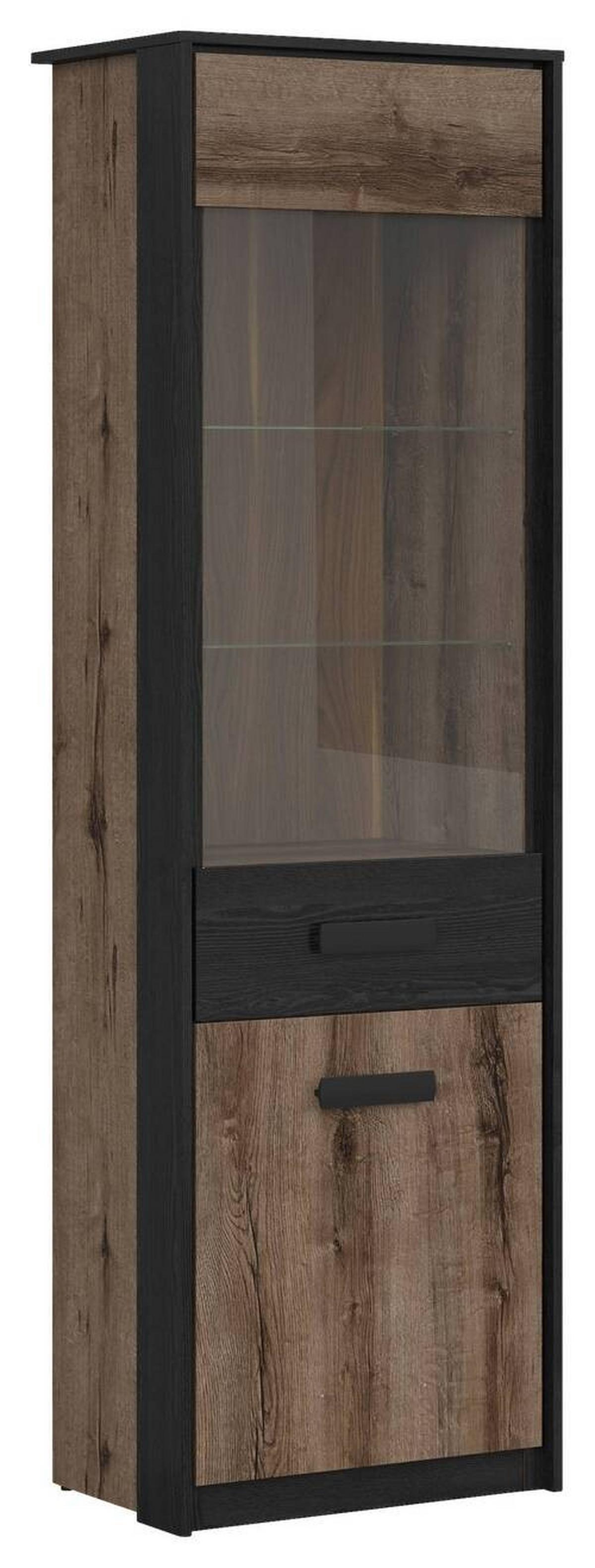 Vitrine Kassel Glass-Door Cabinet - Eichefarben/Schwarz, Design, Glas/Holzwerkstoff (60/195/41cm)