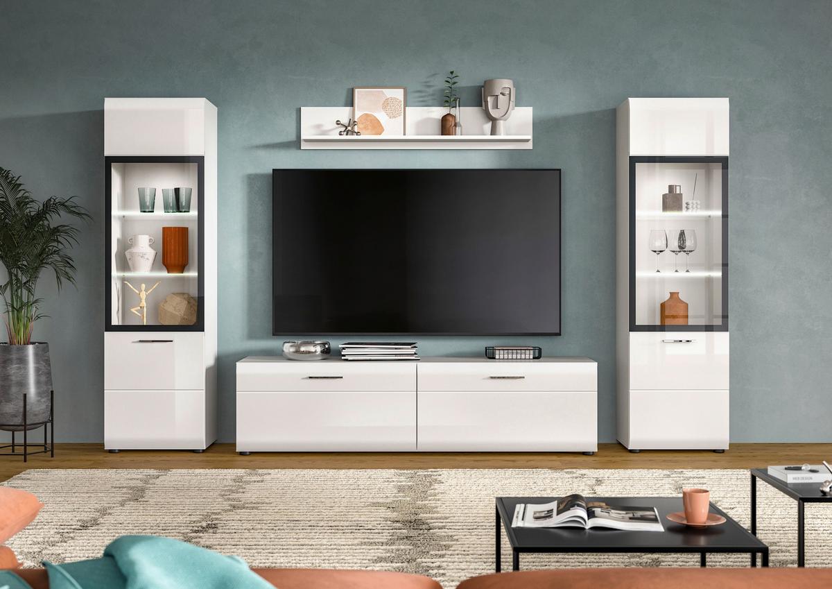 Sideboard Ice Weiß/weiß Hochglanz B: 280 Cm - Weiß Hochglanz/Schwarz, Design, Glas/Holzwerkstoff (280/160/41cm) - Livetastic