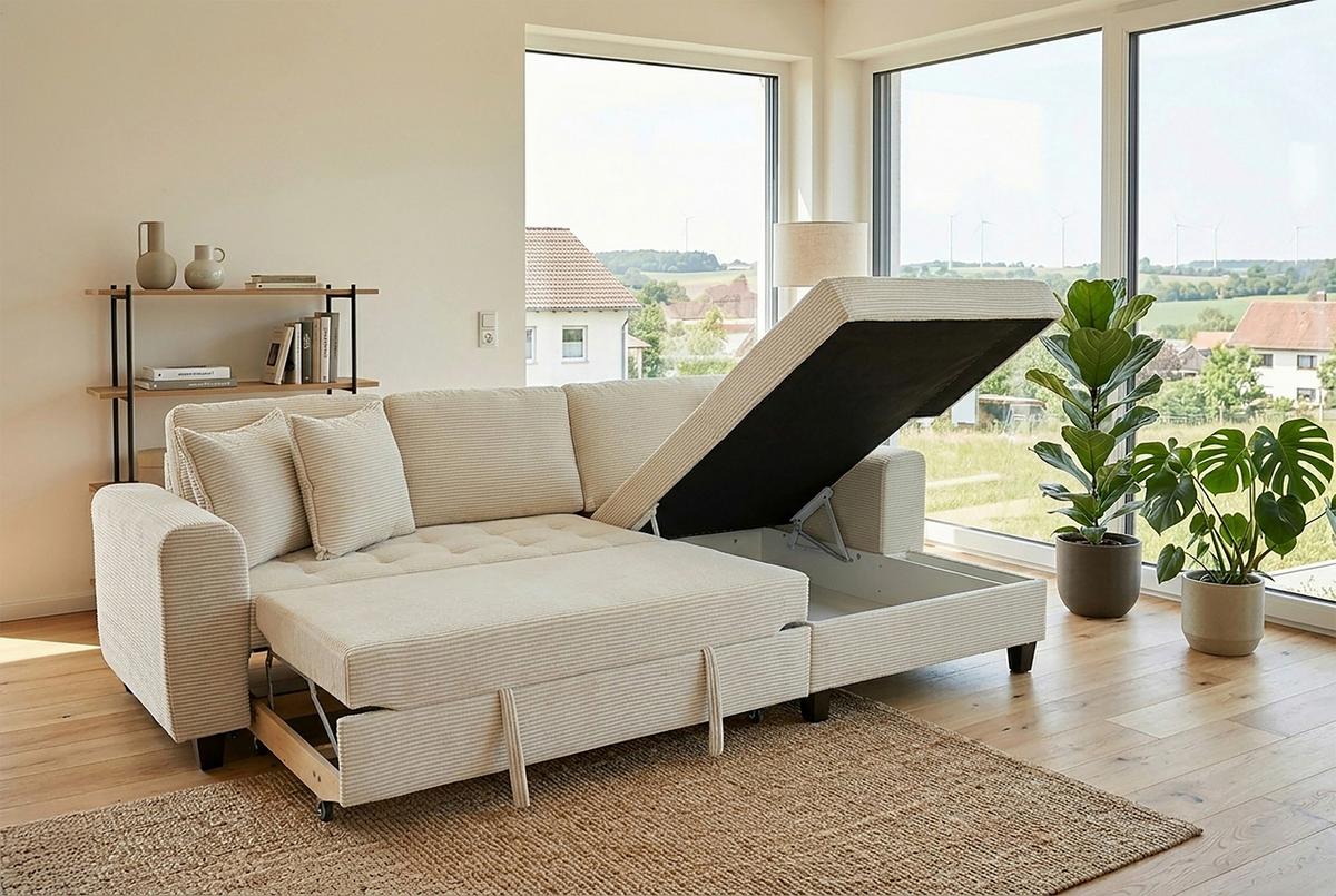 Ecksofa Moritz Creme S: ca. 265x155 cm - Creme, Trend, Textil (265/155cm)