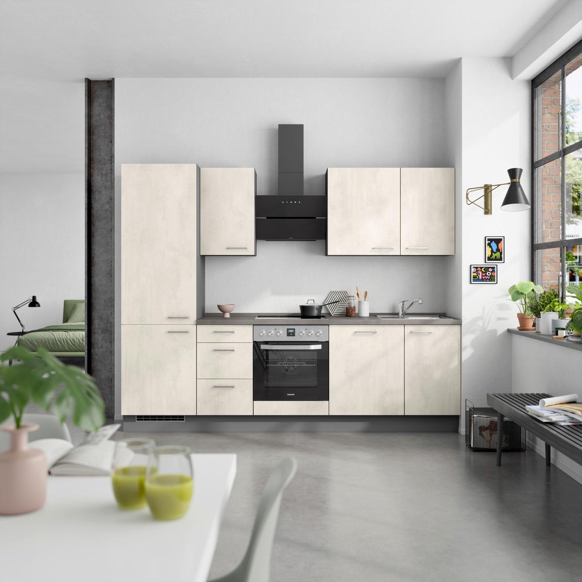 Kuchynská linka 270CM biely betón/ bridlicová šedá - biela/farba ušľachtilej ocele, Modern, kov/kompozitné drevo (270cm) - Nobilia