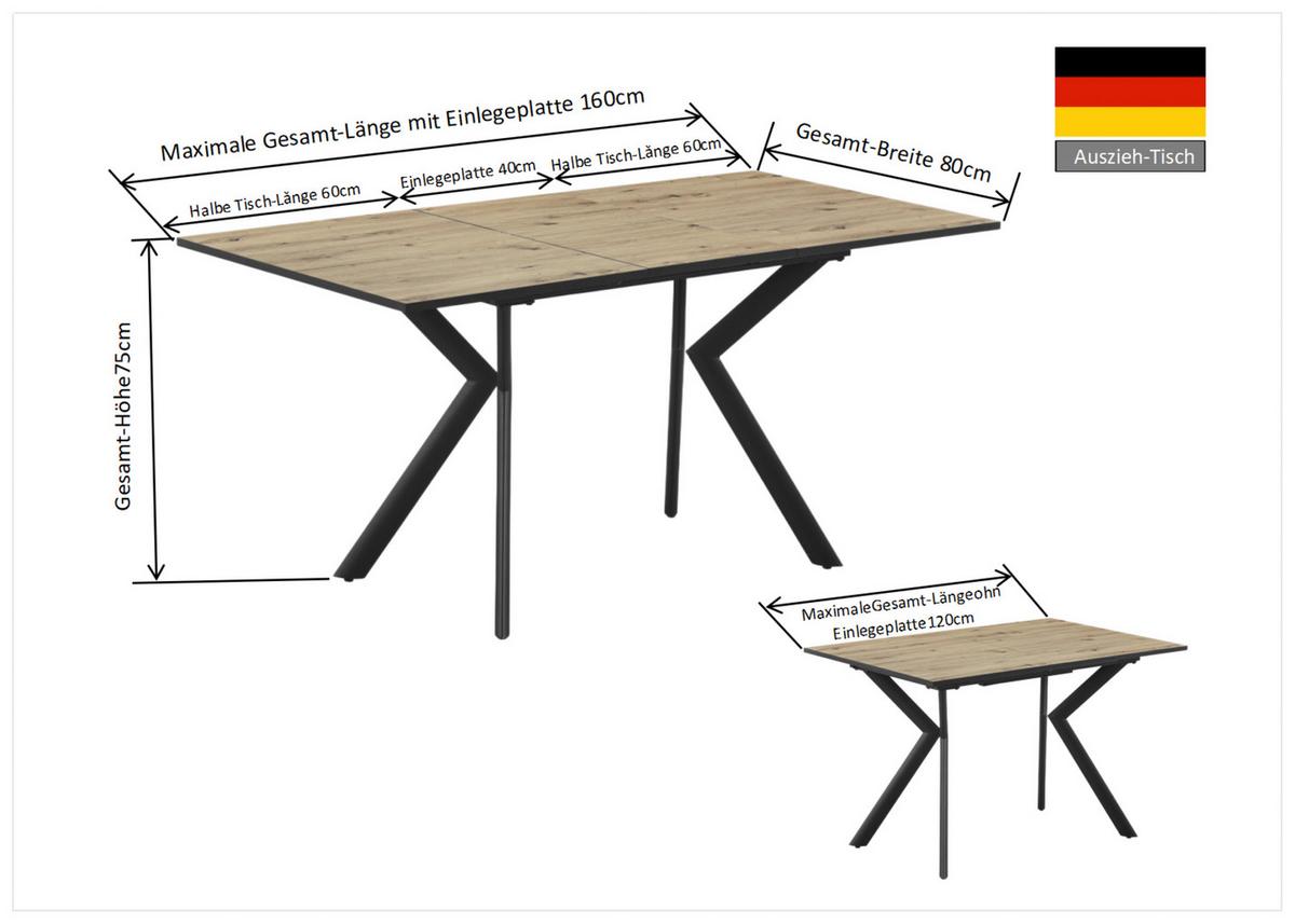Ausziehtisch Marcel Giga 120AZ Melamin Eiche, B: 120-160cm - Eichefarben/Schwarz, MODERN, Holzwerkstoff/Metall (120-160/80/76cm)