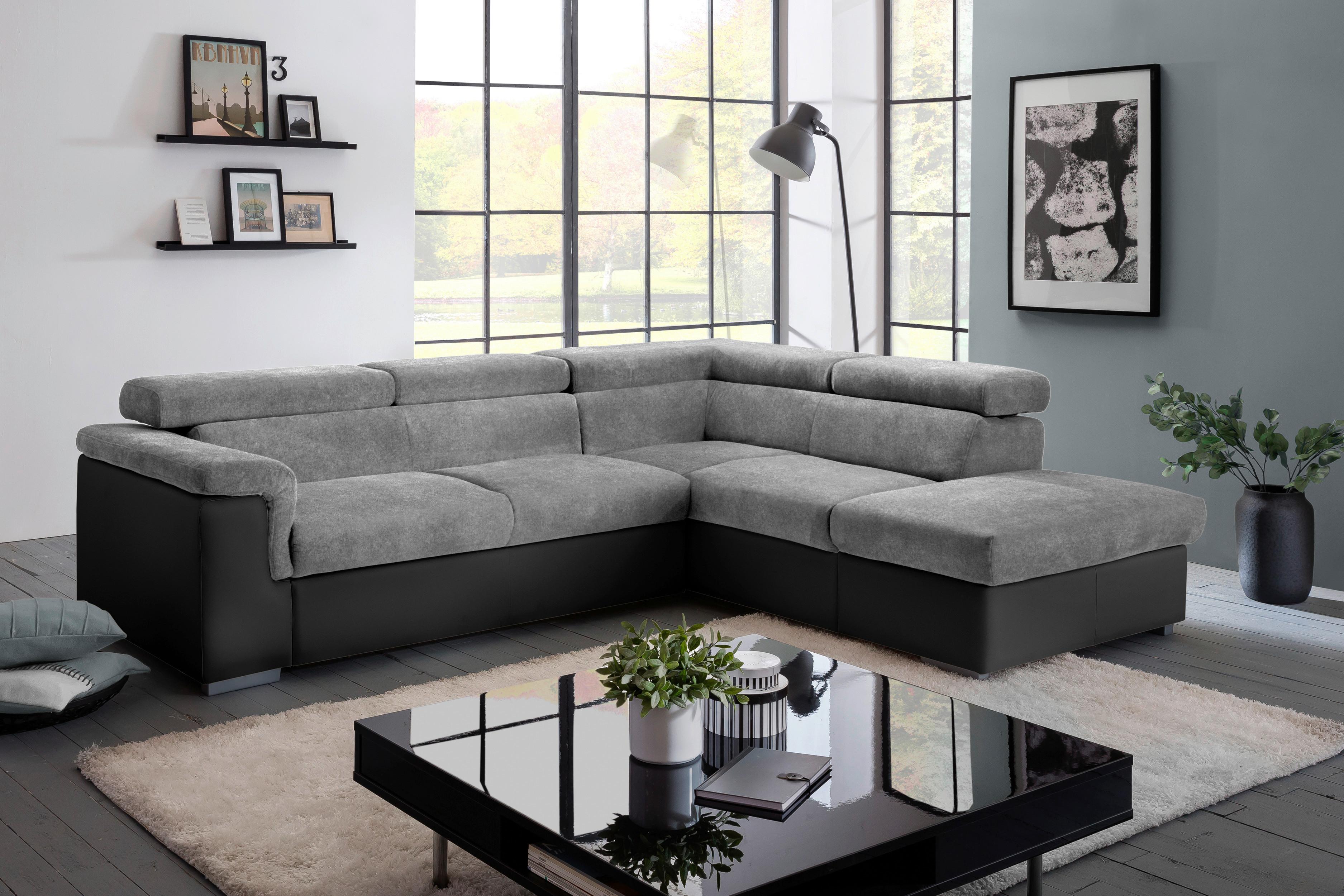 Ecksofa mit Schlaffunktion + Bettkasten Milla, Webstoff - Schwarz/Grau, Basics, Holz/Textil (252/217cm) - MID.YOU