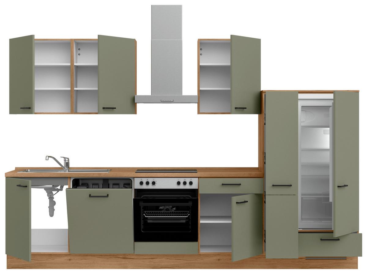 Kuchyňská linka 330 cm, olivově zelená - barvy dubu/černá, Moderní, kov/kompozitní dřevo (330cm) - Nobilia