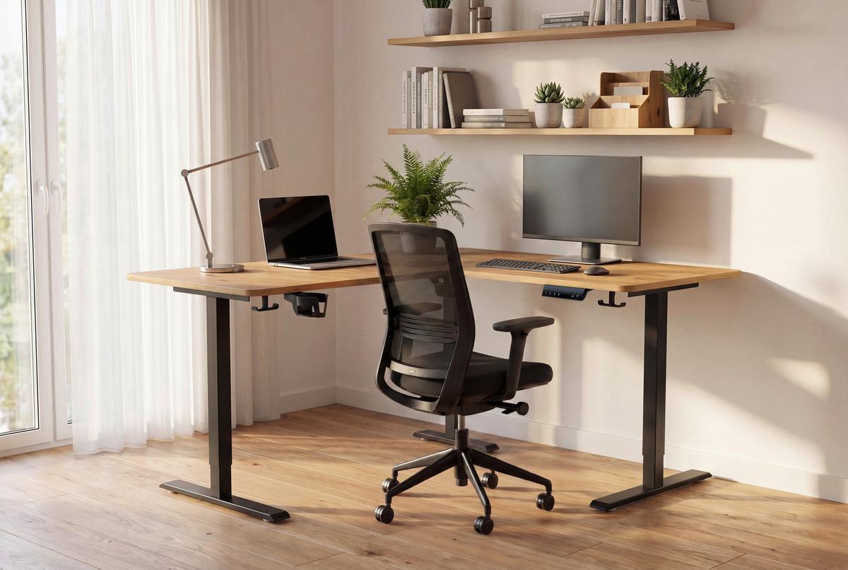 Eckschreibtisch Nimi Schwarz/Eiche L: 160cm - Plankeneiche/Schwarz, MODERN, Holzwerkstoff/Kunststoff (160/140/72-117cm) - Livetastic