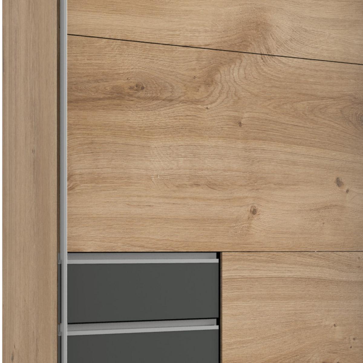 Schwebetürenschrank mit Laden 225cm Saigon, Eiche/Graphit - Eichefarben/Graphitfarben, Basics, Holzwerkstoff (225/210/64cm) - MID.YOU