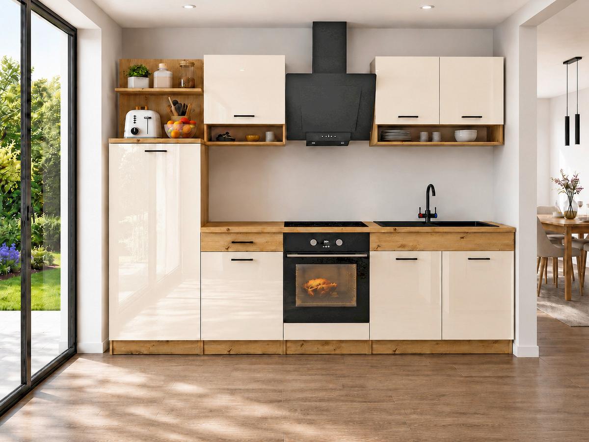 Konyhablokk Bravo 2 - bézs/tölgyfa színű, Modern, műanyag/fa (280cm) - Best Price