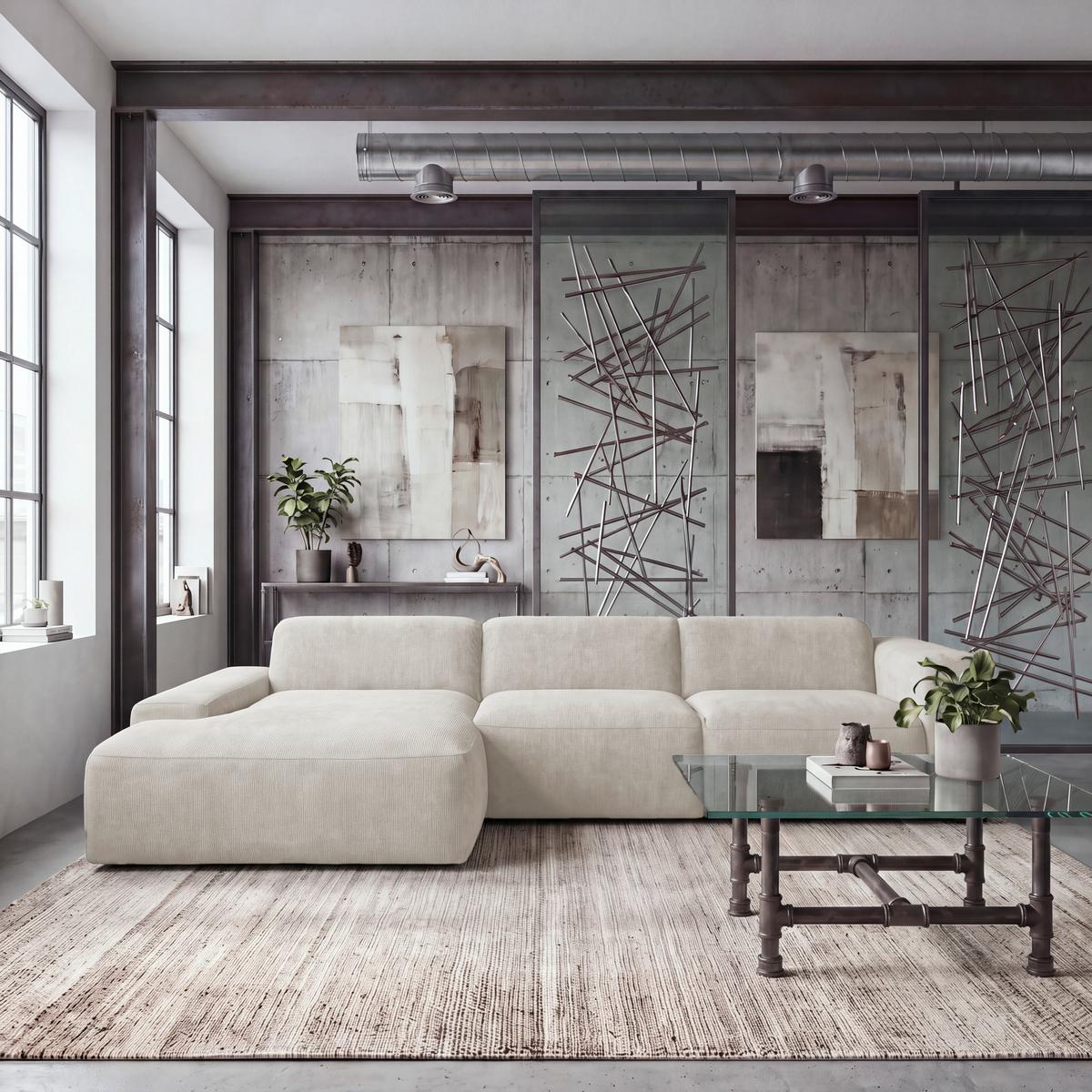ECKSOFA Hannah Creme170x343 cm - Creme/Schwarz, Design, Textil (170/343cm) - MID.YOU