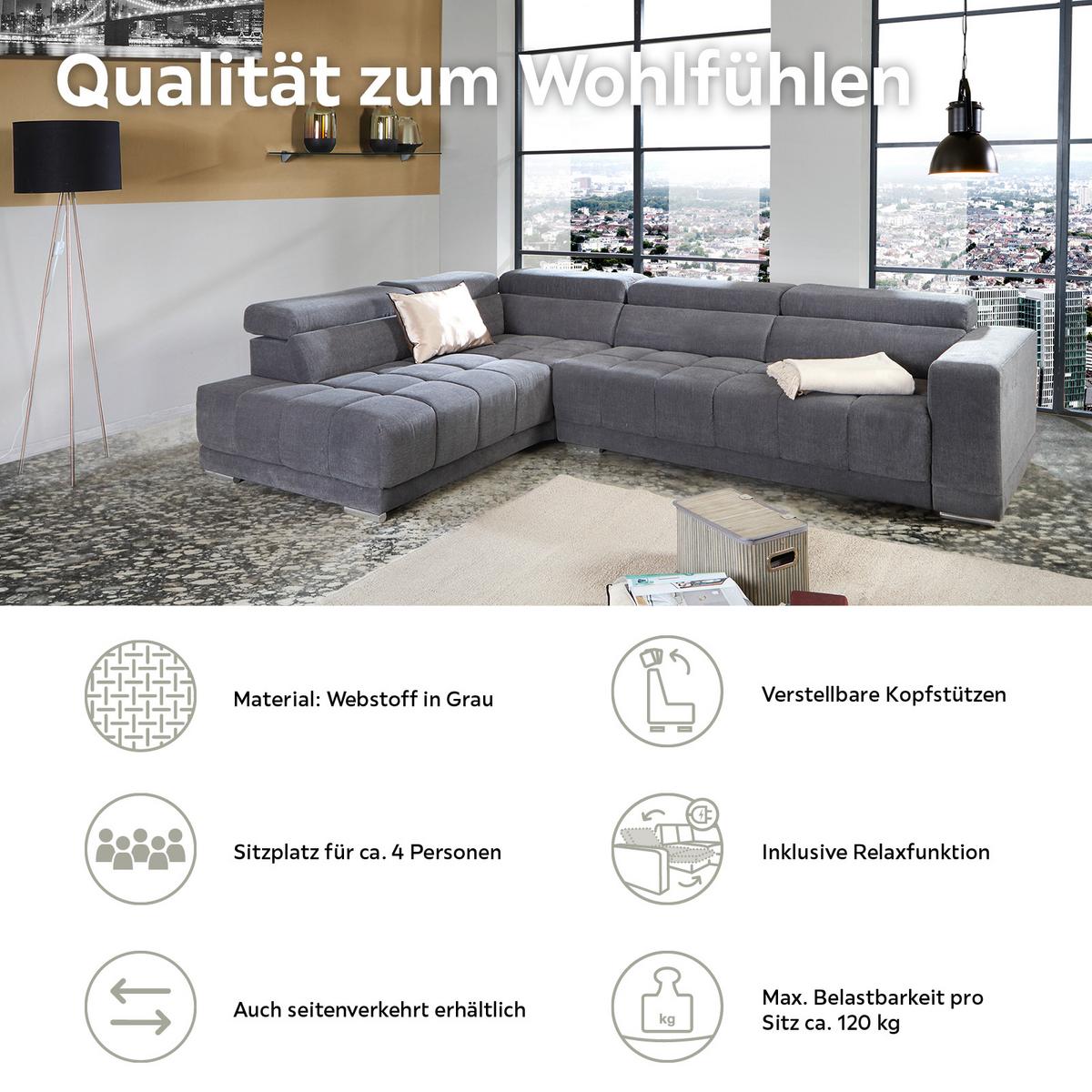 Ecksofa mit Relaxfunktion Hogan La, Webstoff - Silberfarben/Grau, MODERN, Holz/Textil (212/299cm) - Livetastic
