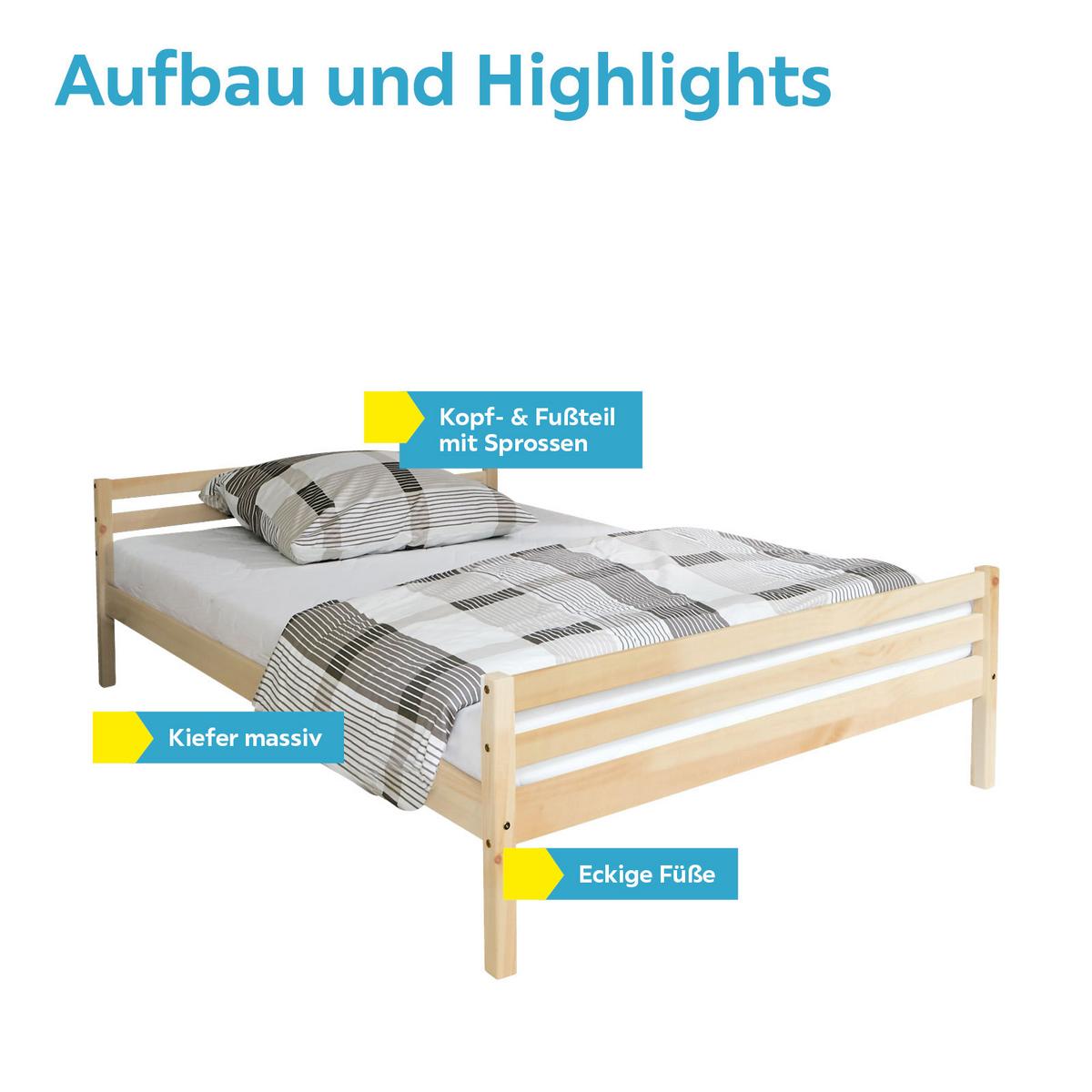 Bett Echtholz Massiv 140x200 Nadine, Kiefer Natur - Kieferfarben, KONVENTIONELL, Holz (140/200cm) - MID.YOU