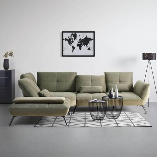 TRENDY, ľavá, olivovozelená s 3 bedrovými vankúšmi - olivovozelená/čierna, Modern, kov/kompozitné drevo (250/310cm) - Premium Living